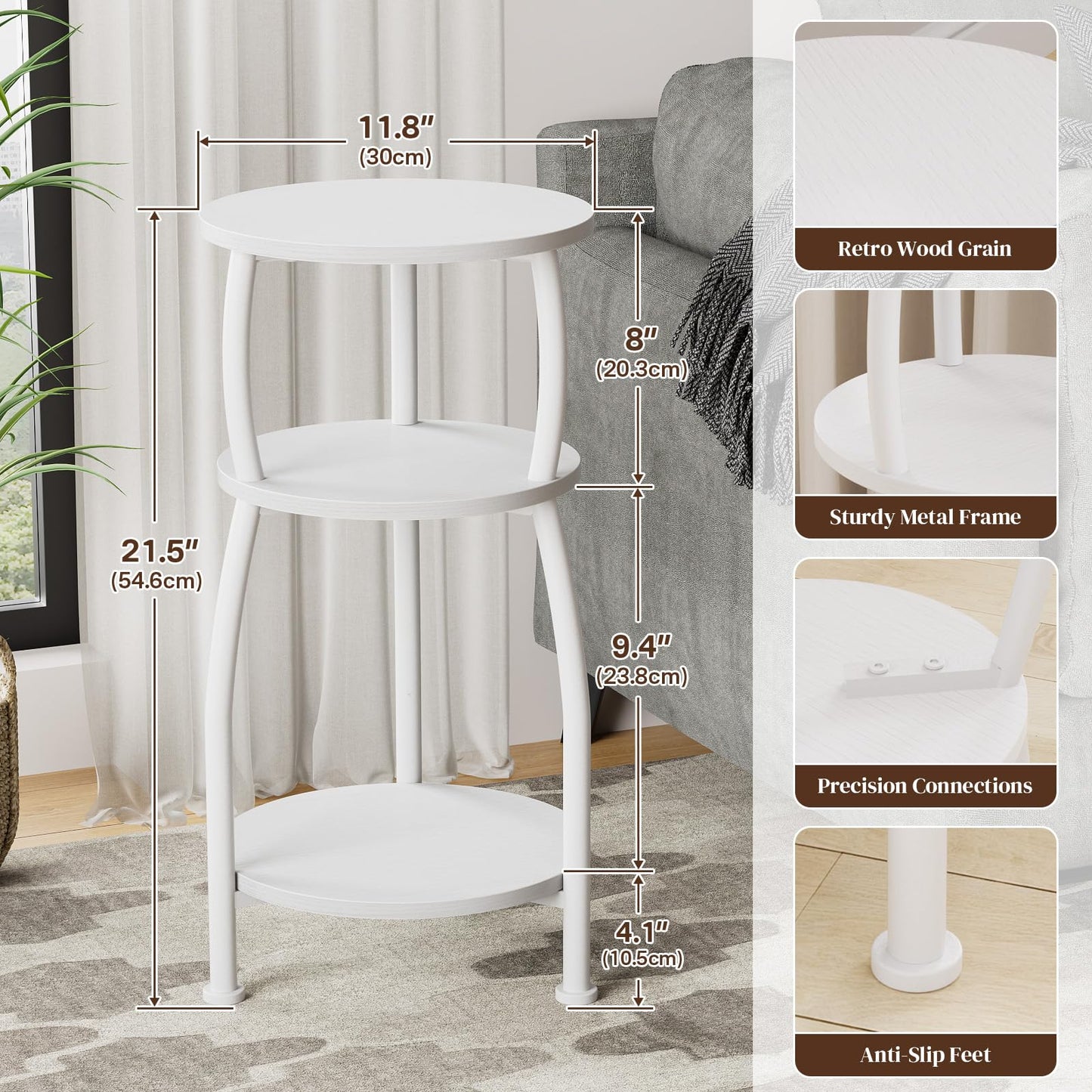 Yuede Round Side Table, 3 Tier Slim Round Coffee Table, Small End Table with Storage Shelf, Bedside Table, for Living Room, Bedroom, Small Space
