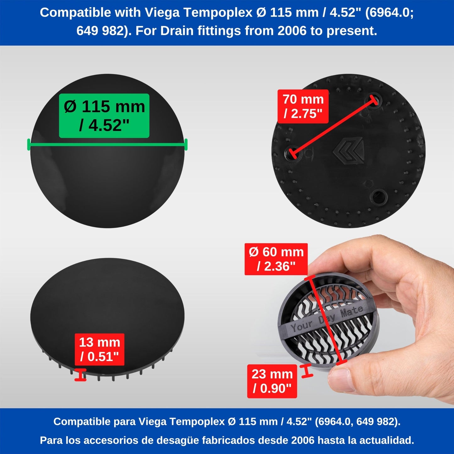 Cover and Hair Strainer Set for Shower Drain, Ø 115 mm, Compatible with Viega Tempoplex Drain Set from Model Year 2006
