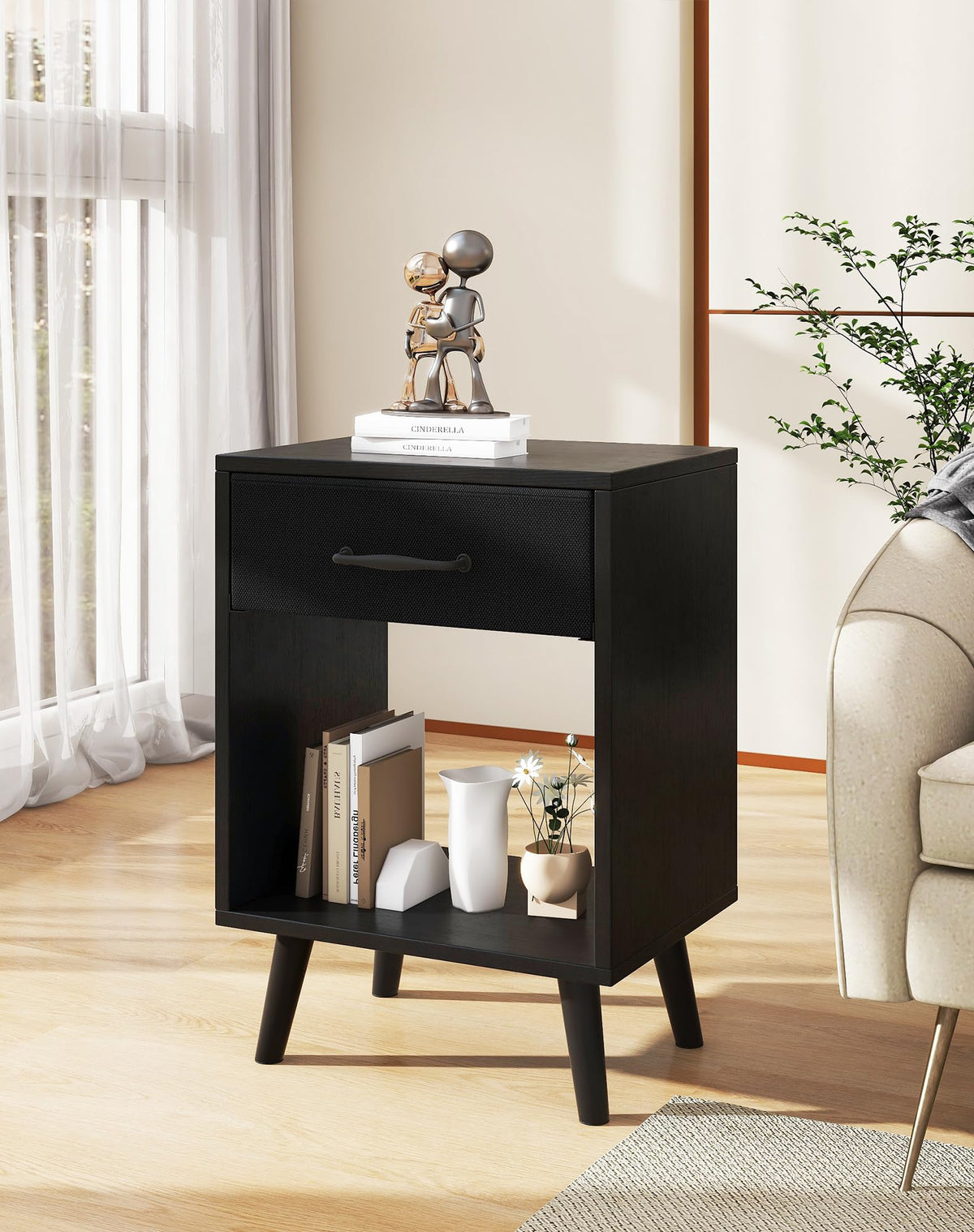 YMYNY Nightstand Set of 2, Bedside Table, Side Table with Fabric Drawer, Handle and Open Compartment, Solid Wood Legs