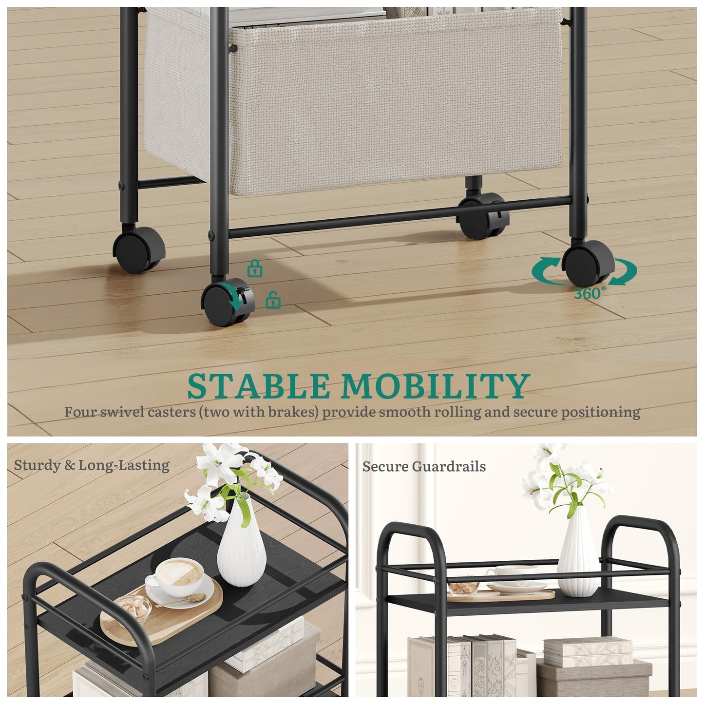 YITAHOME metal storage trolley on wheels, 3 Tier kitchen trolley, storage cart with Woven Basket, Lockable Wheels, Handle, book cart for office