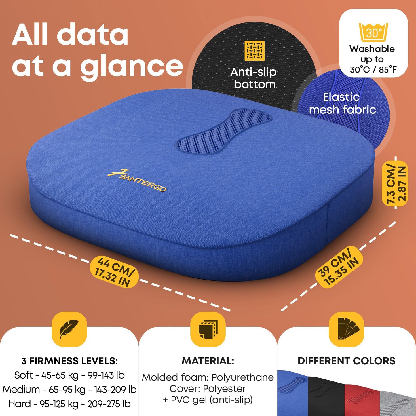 SANTERGO Orthopedic Seat cushion [PATENTED & STABLE] Lumbar Coccyx | Seat cover office chair car wheelchair | seat cushion, ergonomic back cushion