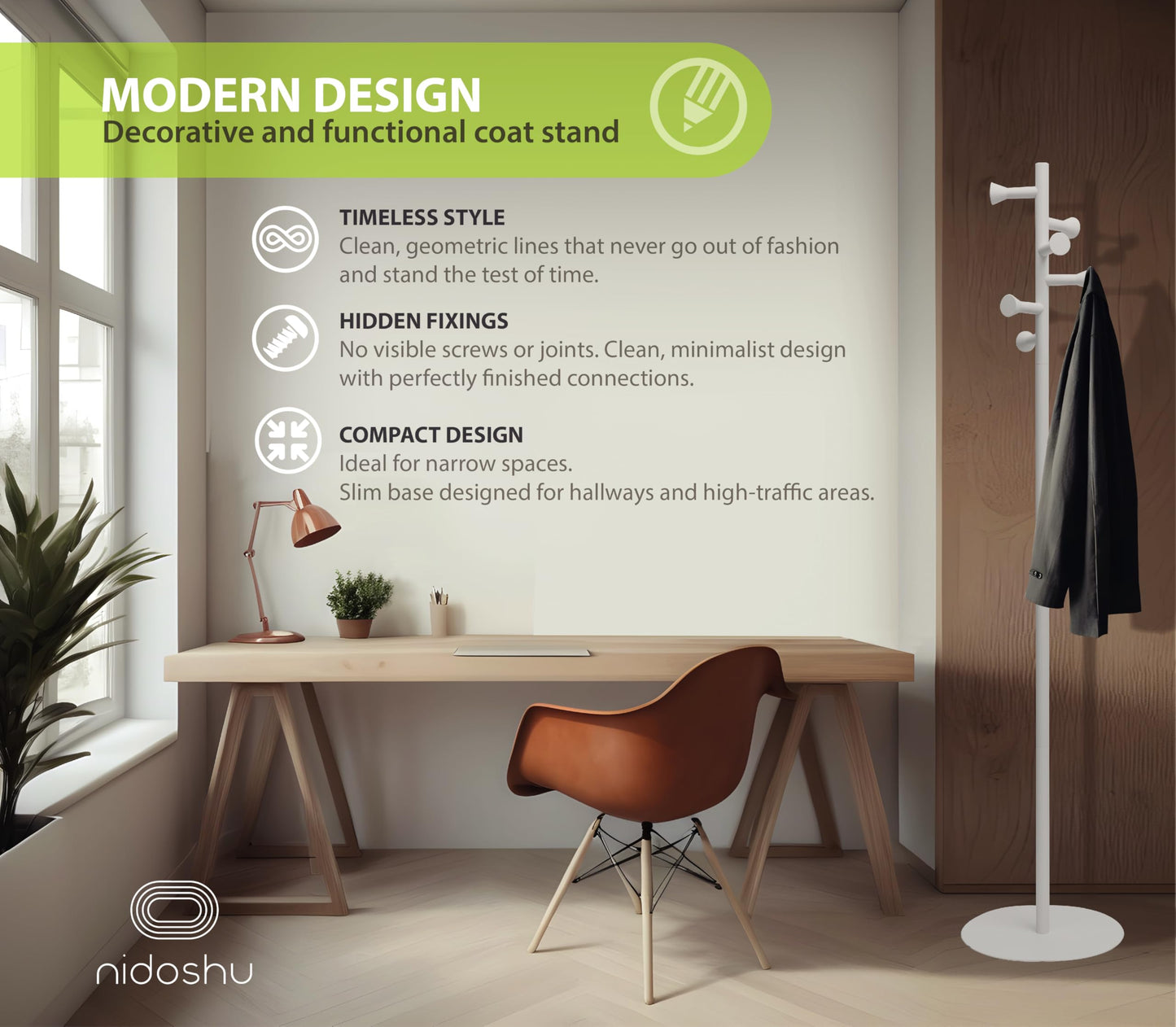 nidoshu Coat Stands for hallway - Modern Coat Rack Freestanding No Visible Screws Original Design for Small Space Entrance Hall