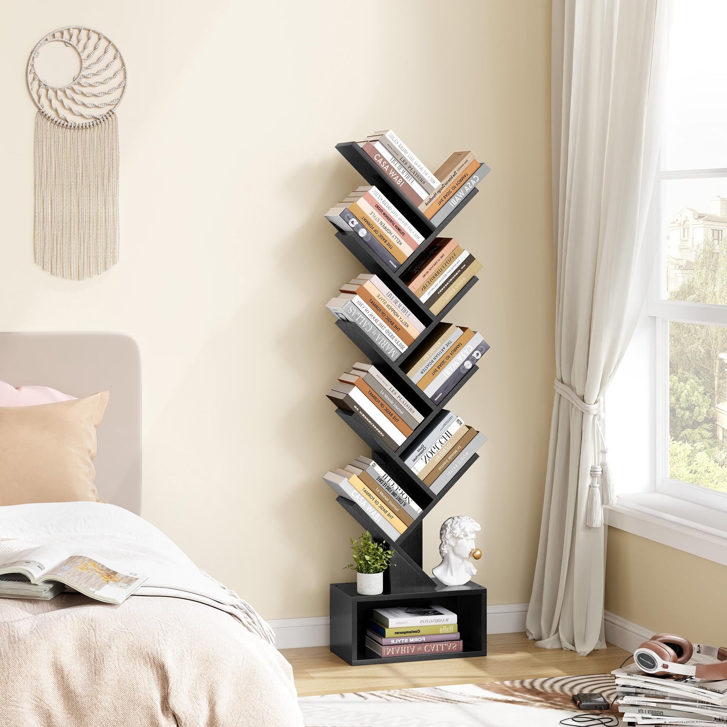 Hoctieon 9 Tier Tree Bookshelf, Tall Bookcase with Drawer, Wood Book Shelf, Modern Floor Standing Bookshelves, Book Organizer Shelves for Bedroom
