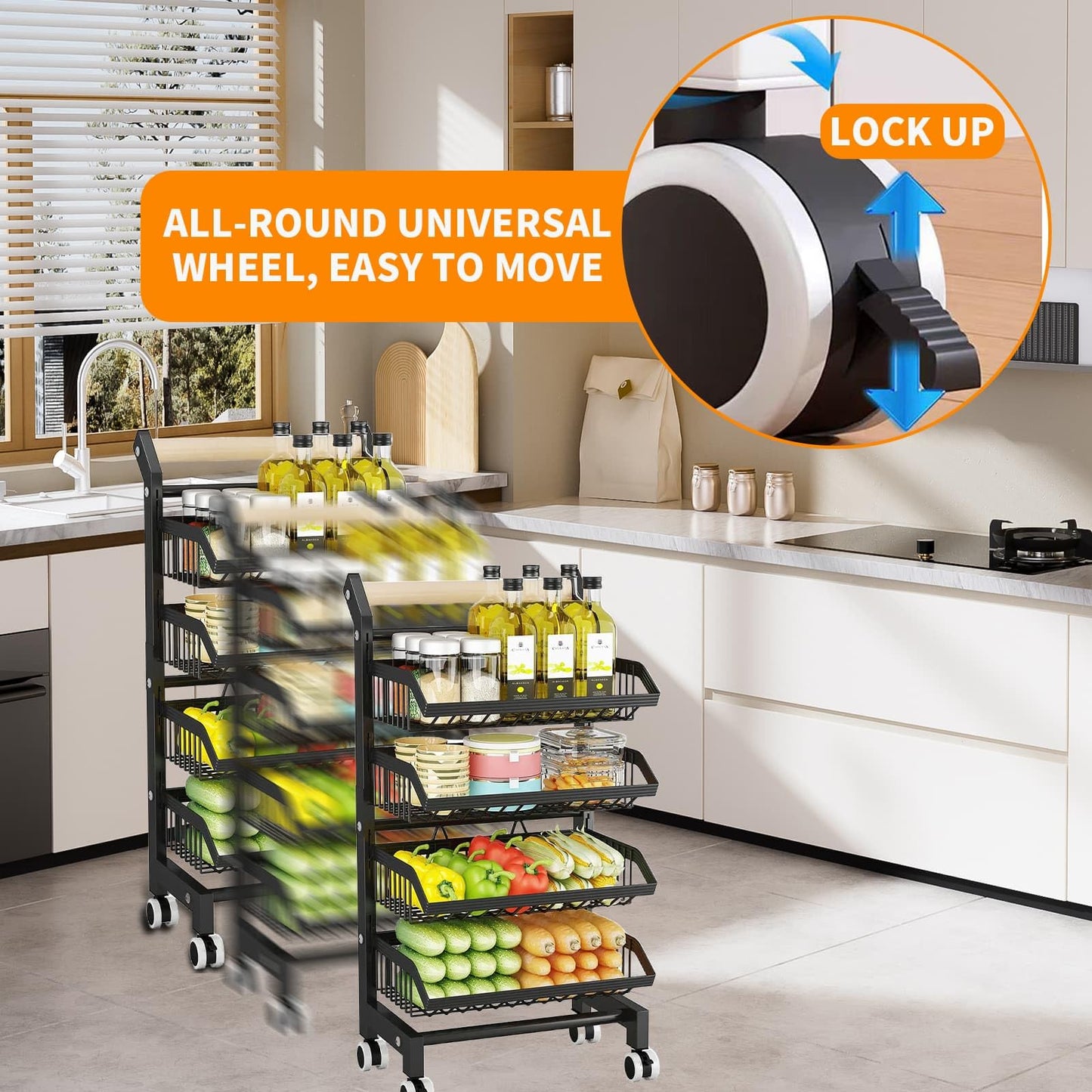 4-Tier Adjustable Vegetable Storage Rack, Removable Fruit Basket Cart