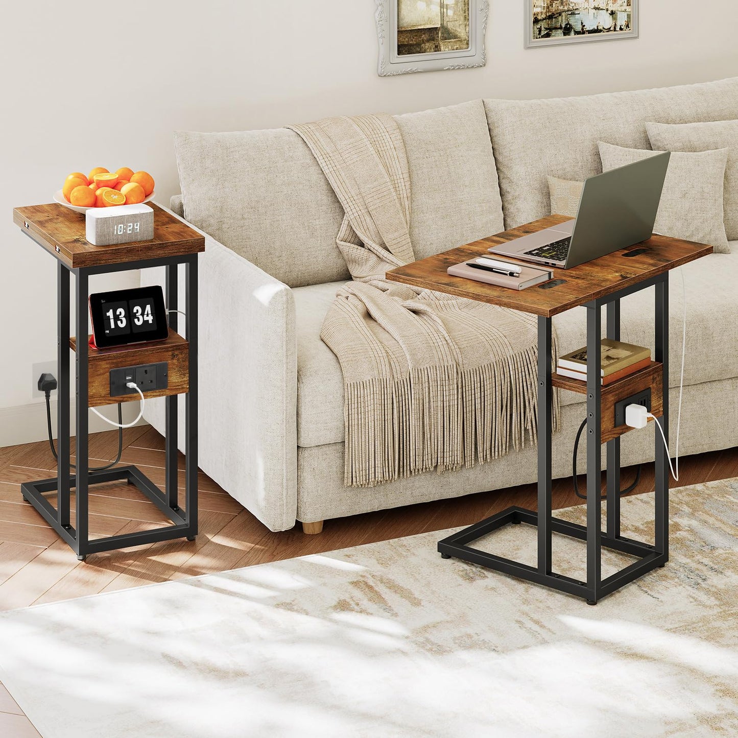 HOOBRO Foldable Side Table, Bedside Table with Charging Station, C Shaped Side Table with Storage Shelf