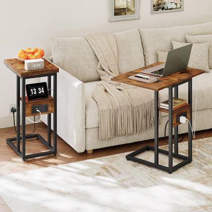 HOOBRO Foldable Side Table, Bedside Table with Charging Station, C Shaped Side Table with Storage Shelf