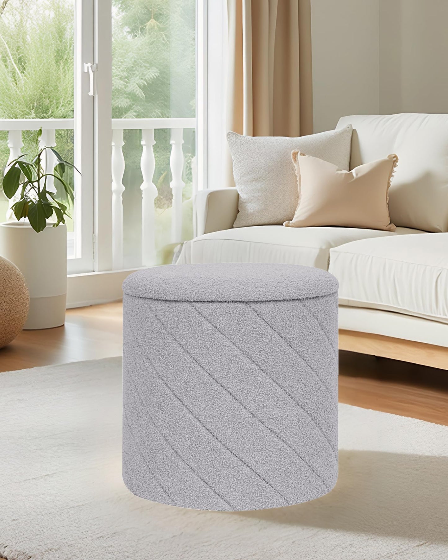 Bonlife Round Ottoman Stool with Storage, Folding Footstool with Lid,Boucle Vanity Stool for Living Room,Bedroom,Entryway,Grey,43x43x45cm