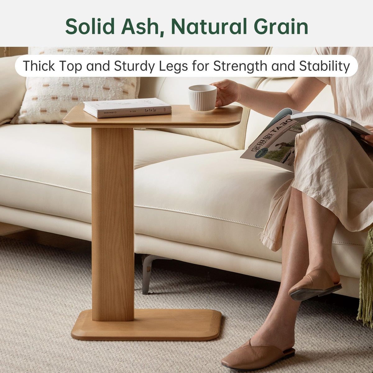 YESWOOD Solid Wood Side Table, C-Shaped Bedside Table, Narrow End Table for Living Room or Bedroom, Modern Sofa Table C Table Ash, Natural Wood Tone