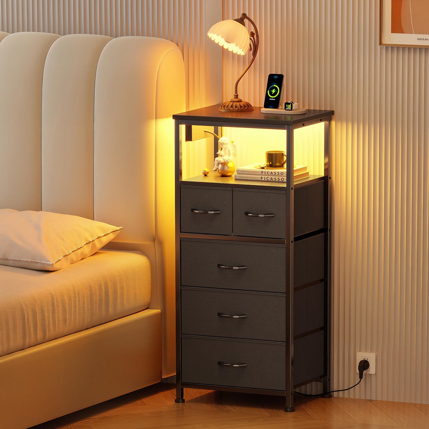 Flrrtenv Chest of Drawers, Bedside Table Cabinet with LED Light and Charging Station, Nightstand with 5 Fabric Drawers