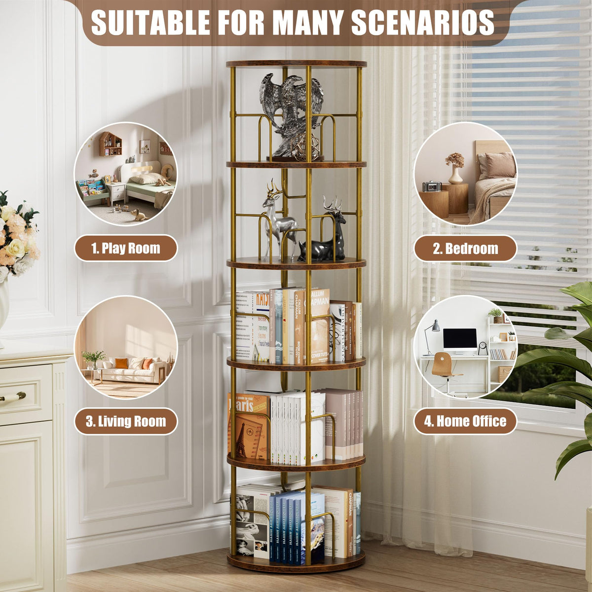 OCTORO 5 Tier Rotating Bookshelf, 360° Corner Bookshelf Tower, Round Revolving Bookcase with Adjustable Levels, Spinning Book Shelf for Home Office