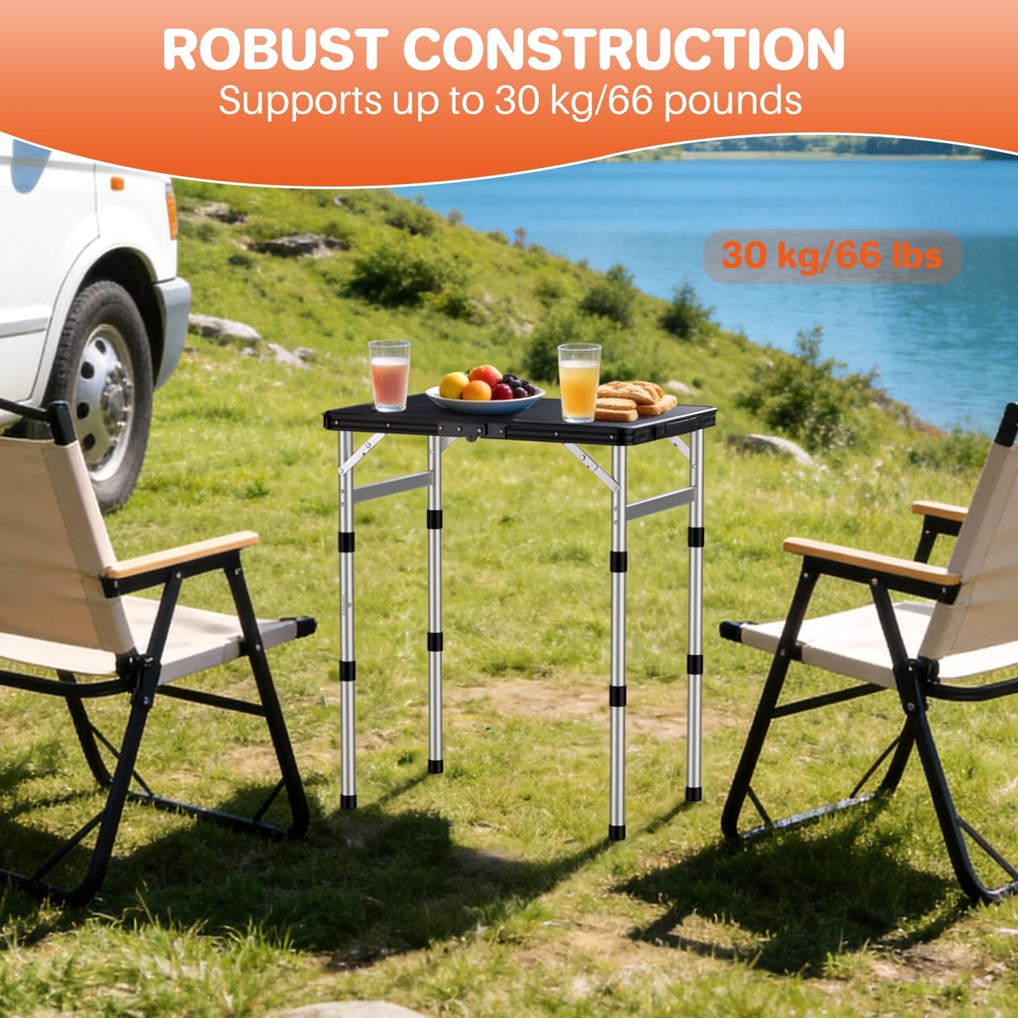 FUNYKICH Camping Table with Plastic Tabletop 58x40cm, 3 Height Adjustable Small Folding Table