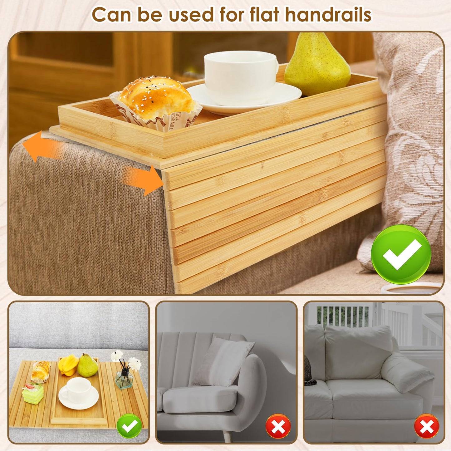 Bamboo Sofa Arm Tray Table Couch Arm Tray Folding Sofa Armchair Caddy Table Antislip Couch Cup Holder Stable Sofas Snack Trays for Drinks Cellphone