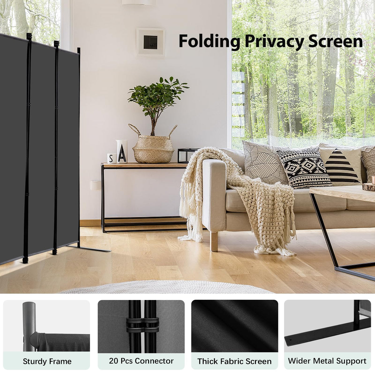 KEORTUN 6-Panel Room Dividers and Folding Privacy Screens 304W x183H cm Office Partition Freestanding Divider for Home Office, Grey
