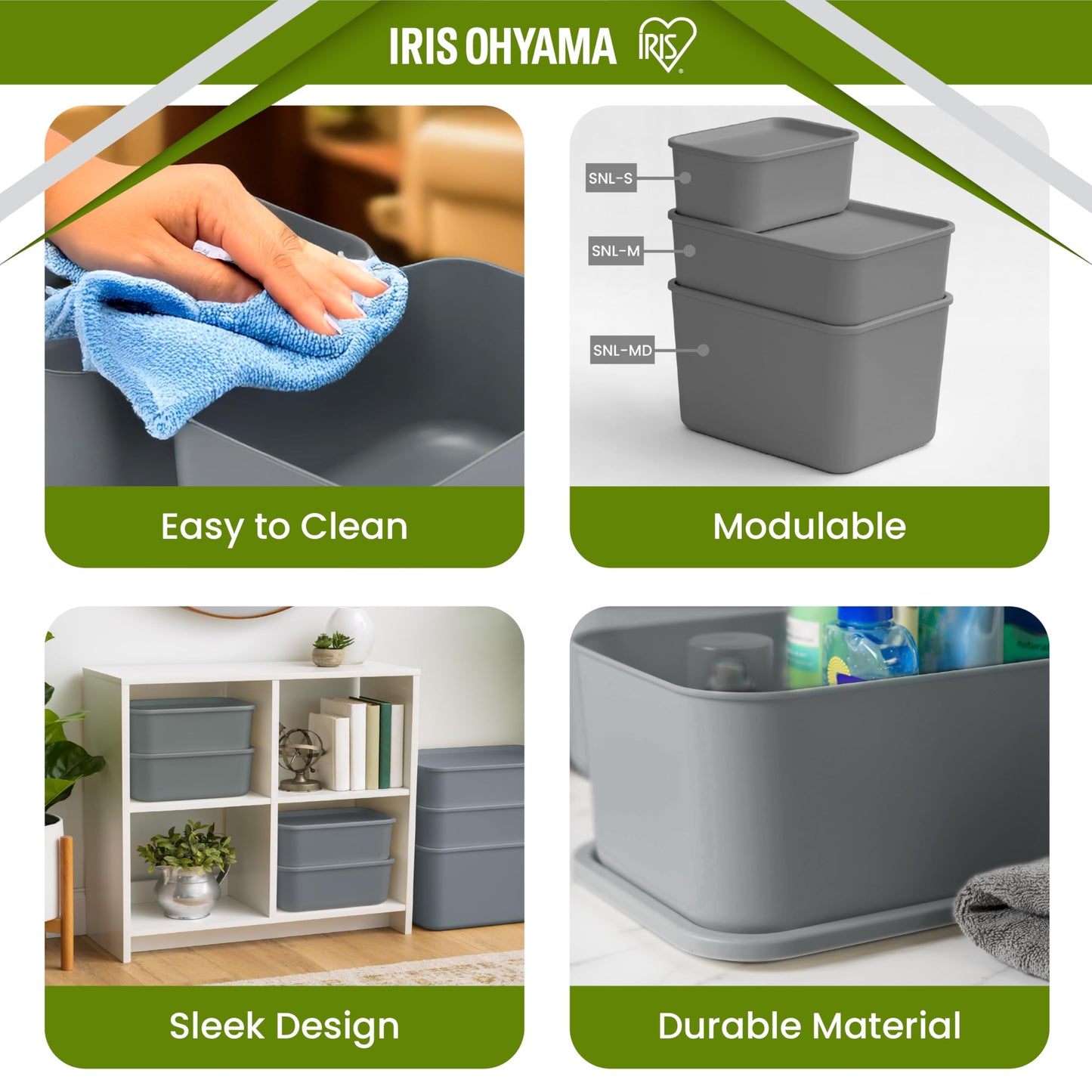 Iris Ohyama, Set of 3 Plastic Storage Boxes with Non-Snap Lid, Stackable, for Kitchen, Bathroom, Bedroom, Dressing Room, Office