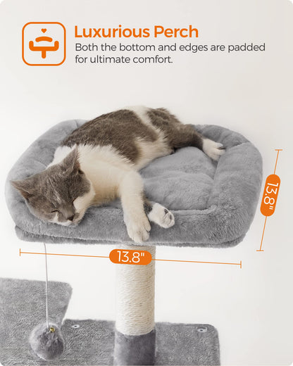 Feandrea Cat Tree, 143 cm Cat Tower for Indoor Cats, Multi-Level Plush Cat Condo with 4 Scratching Posts, 2 Perches, Cave, Hammock, Pompoms, Light