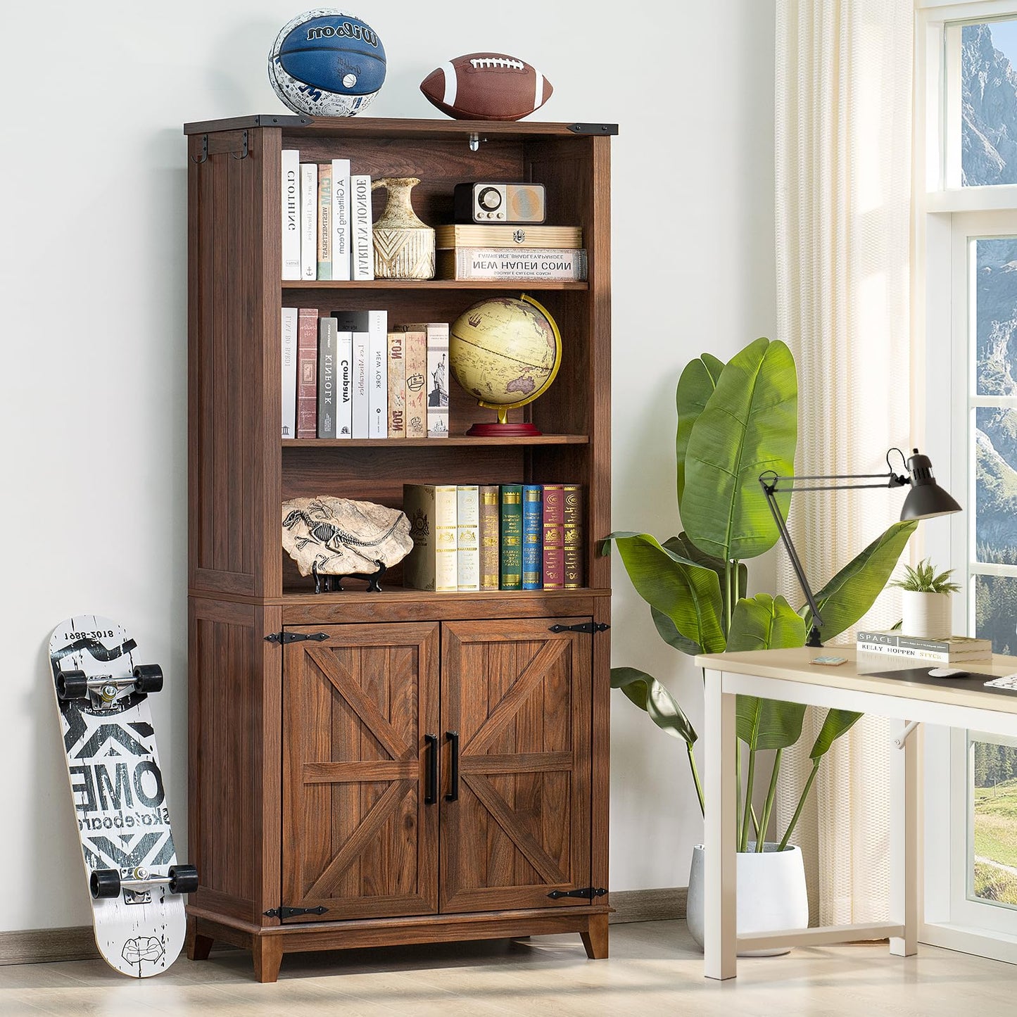 LELELINKY 70in Tall Bookshelf 5 Tier Bookcase with Barn Doors and Adjustable Shelves, Brown Farmhouse Book Shelf with Storage Cabinet