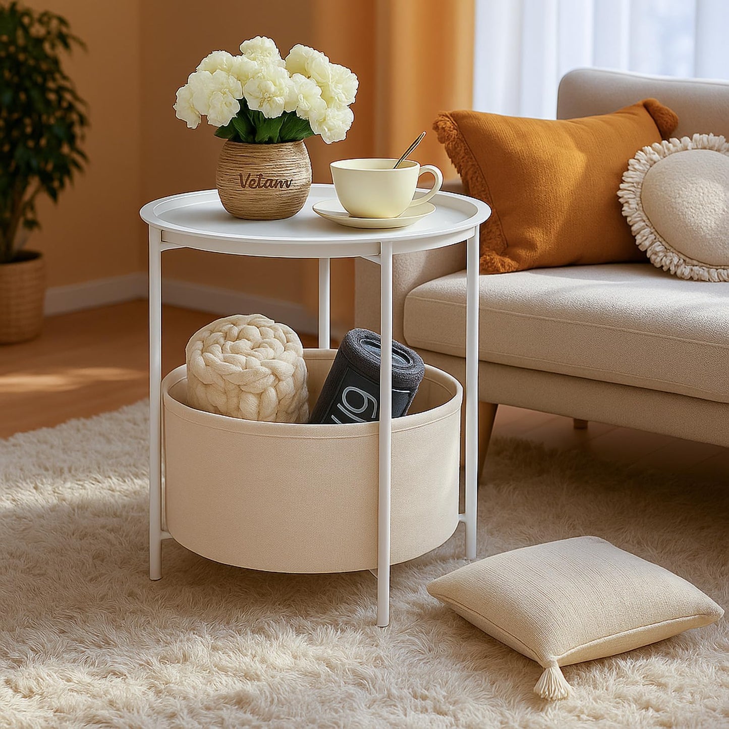 Rinkgarden Round Side Table with Fabric Basket, Modern and Sturdy, Metal End Table for Living Room, Bedroom, Bedside Table, Nursery