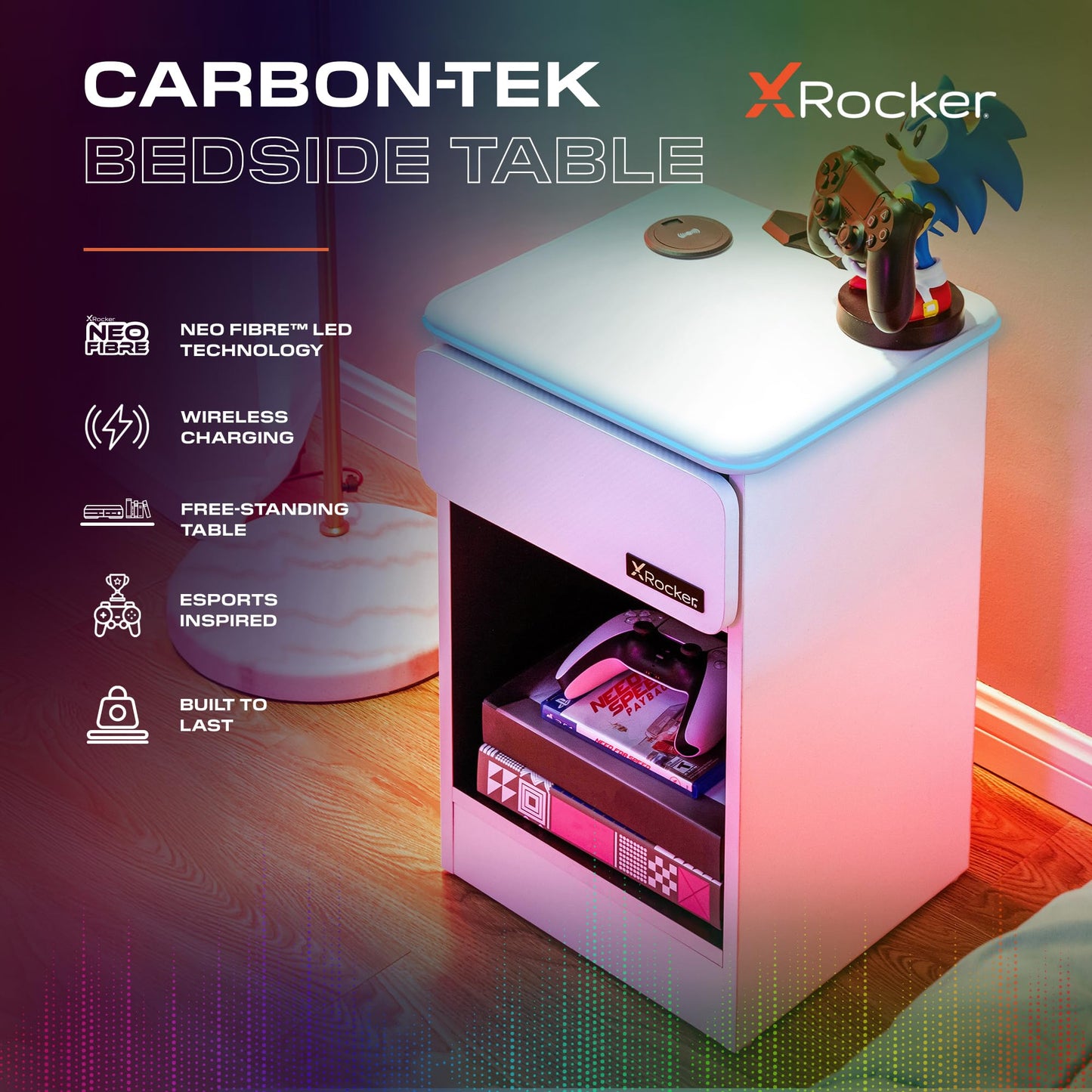 X-Rocker Carbon-Tek 36cm Width, RGB LED Bedside Table & Drawer - Neo Fibre Lighting, Wireless Charging, Storage Shelf