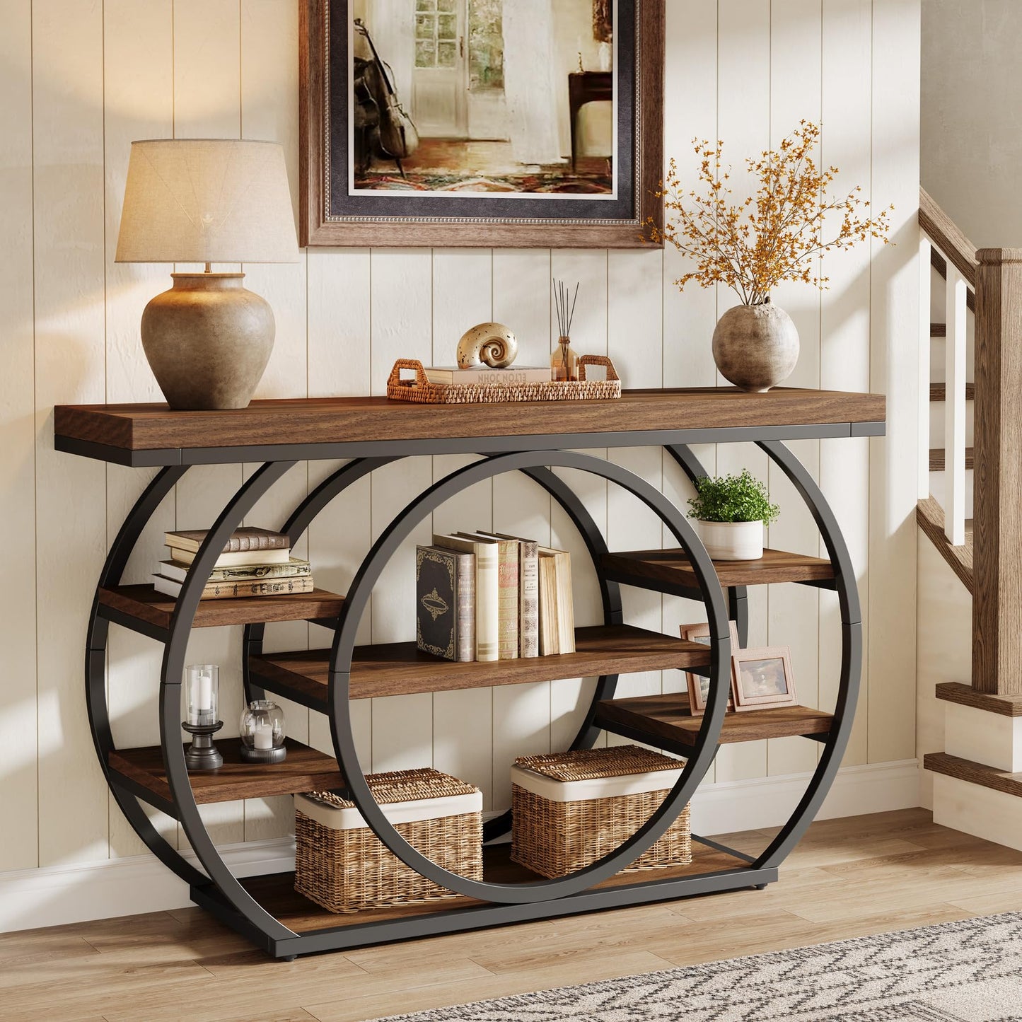 Tribesigns Circle Base Console Table | Narrow Entryway Table 120x30x80cm | 4-Tier Storage Shelf | Industrial Farmhouse Hallway Sofa Table,Rustic