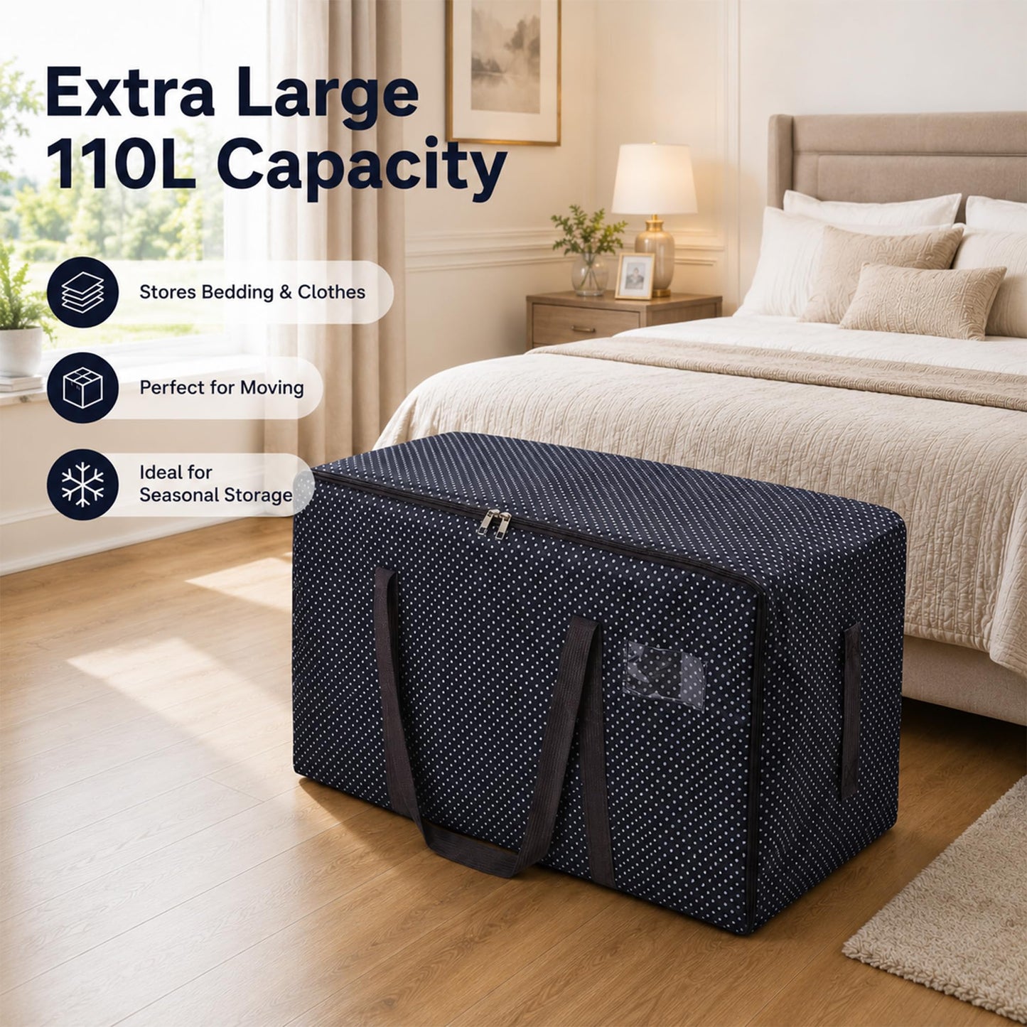 HomlyPro 110L Large Storage Bag, Heavy Duty Waterproof Bag with Zip, Strap & Handle for Moving House Essentials, College Dorm, Christmas Decor