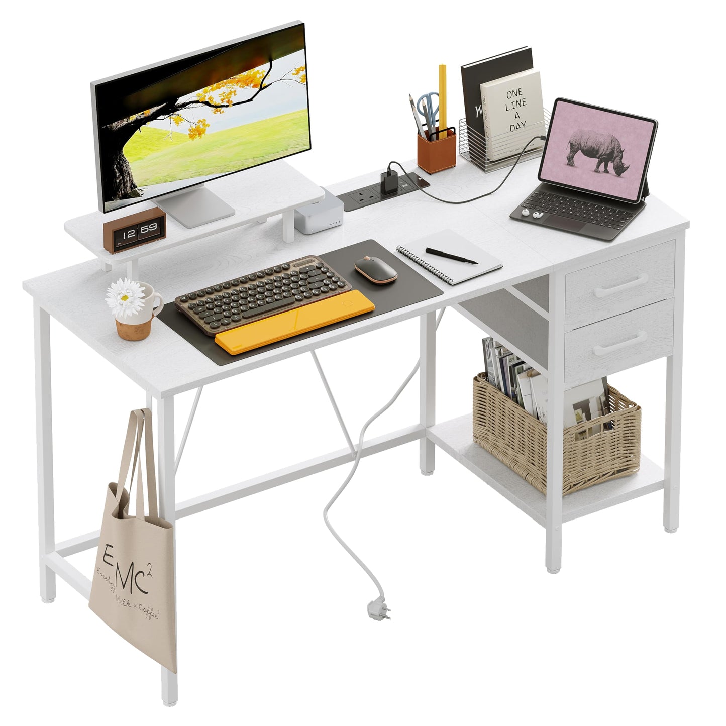 Xyphren 120cm Computer Desk with Drawers & Power Outlets, Office Desk with Storage Monitor Stand, Reversible Small Desks for Home Office Bedroom