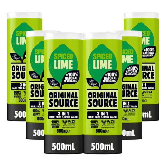 Original Source Mens 3in1 Spiced Lime Shower Gel, 100 Percent Natural Fragrance, Vegan, Cruelty Free, Paraben Free, Bulk Buy, Pack of 6 x 500 ml