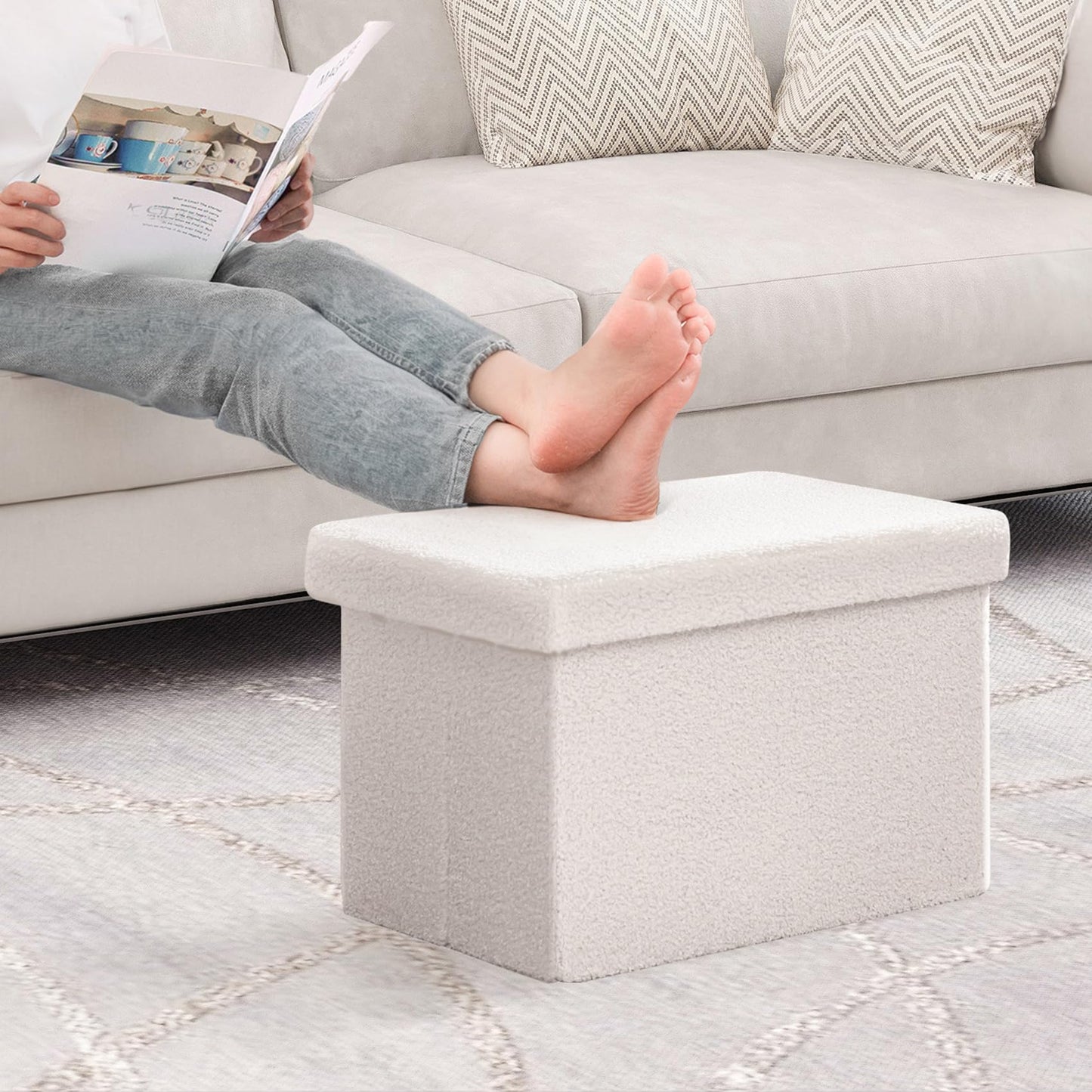 Bonlife Boucle Ottoman Seat with Storage,Folding Small Footstool for Living Room,Cube Toy Chest Box,Foot Rest,Cream,42x32x32cm