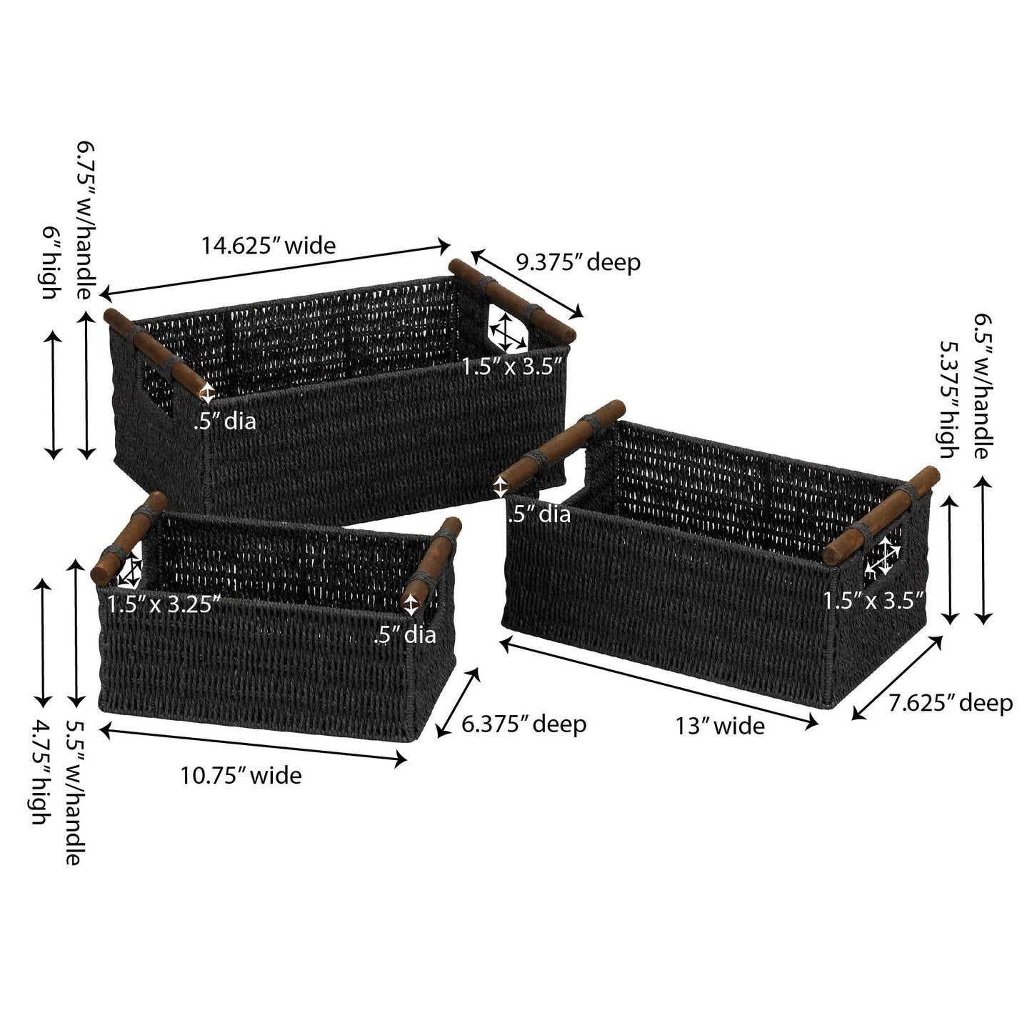 Household Essentials Decorative Woven Baskets, Set of 3 Baskets, Paper Rope with Wood Handles, Sturdy Metal Frame, Small, Medium and Large, Black