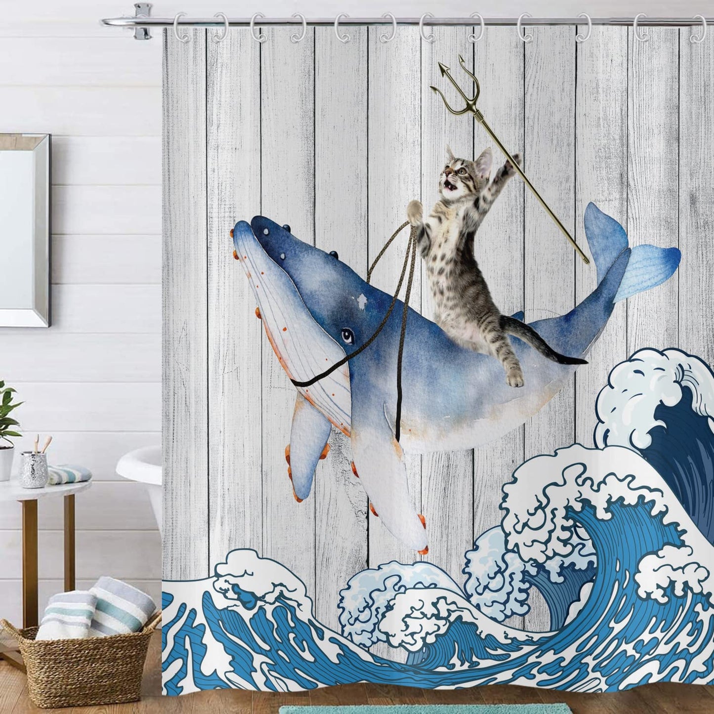Hnmdmyi Funny Cat Shower Curtain 180x180, Cool Cat Riding Whale with Japan Kanagawa Waves on Rustic Wooden Bathroom Curtains Cute Kids Farmhouse