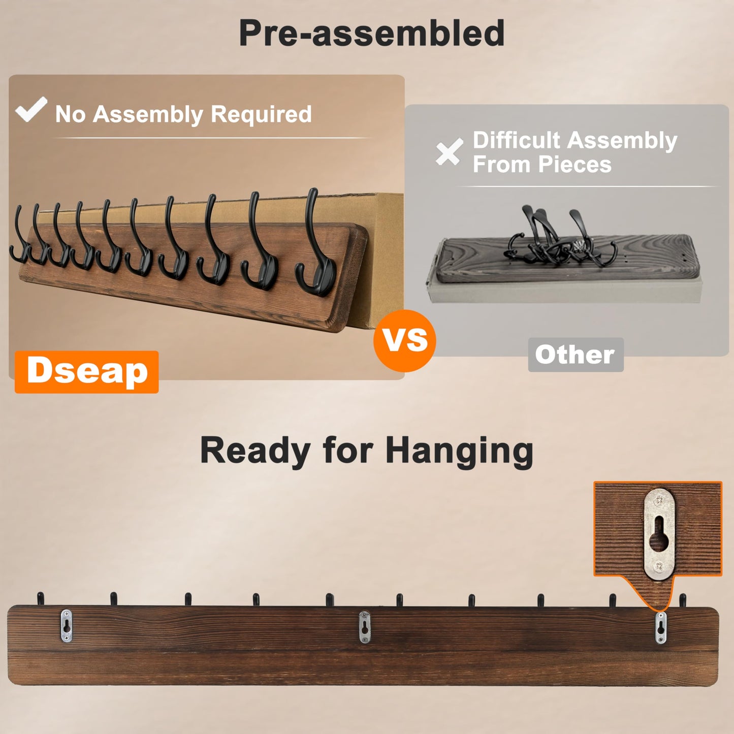 Dseap Coat Rack Wall: 97cm Long, Patented, Heavy-Duty, 10-Double-Hooks Wooden Wall Mounted Coat Rack Coat Hanger Hook Rail for Winter Coats Hat