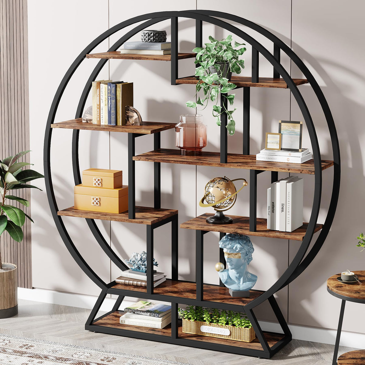 Tribesigns Round Bookcase, Industrial 5 Tier Bookcase, 160cm Tall Rustic Open Shelf Organizer Display Shelf for Home, Office, Living Room