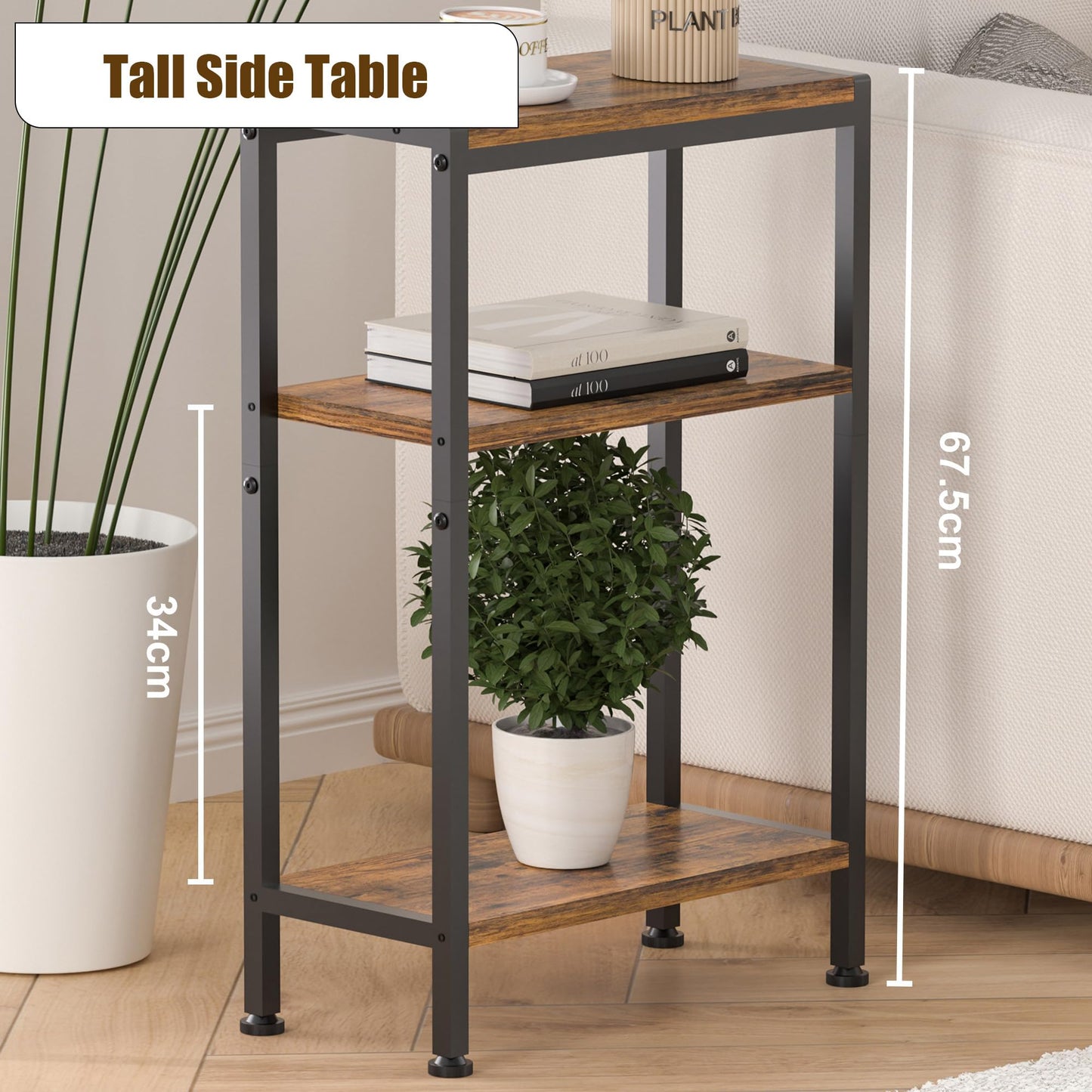 Vantimo 3-Tier Narrow Wooden Side Table, Small Slim End Table with Storage, Skinny Nightstand for Small Spaces, Living Room, Bedroom (Rustic Brown)