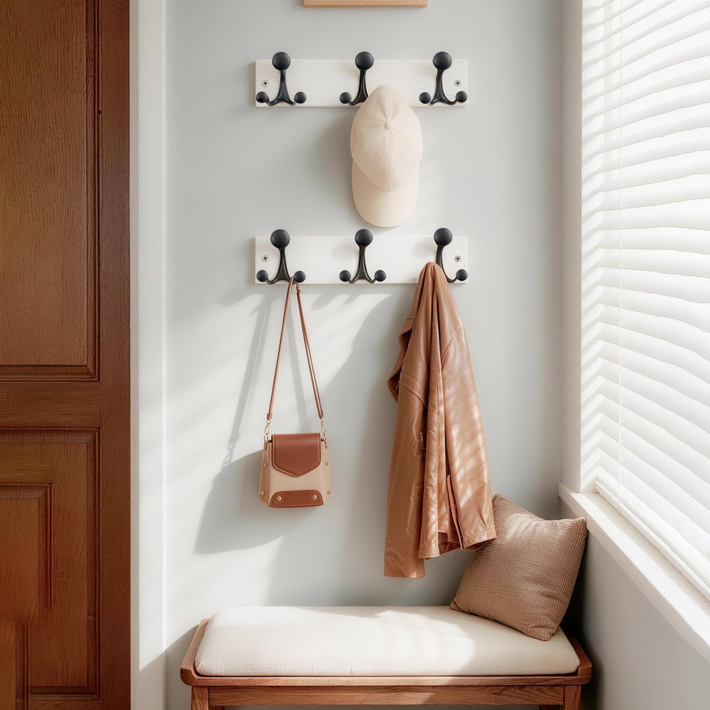 HONSKY Wall Mounted Coat Rack, 43cm White Pine Wood Base, 3 Black Sturdy Aluminium Alloy Triple Hooks (9 Hanging Points)