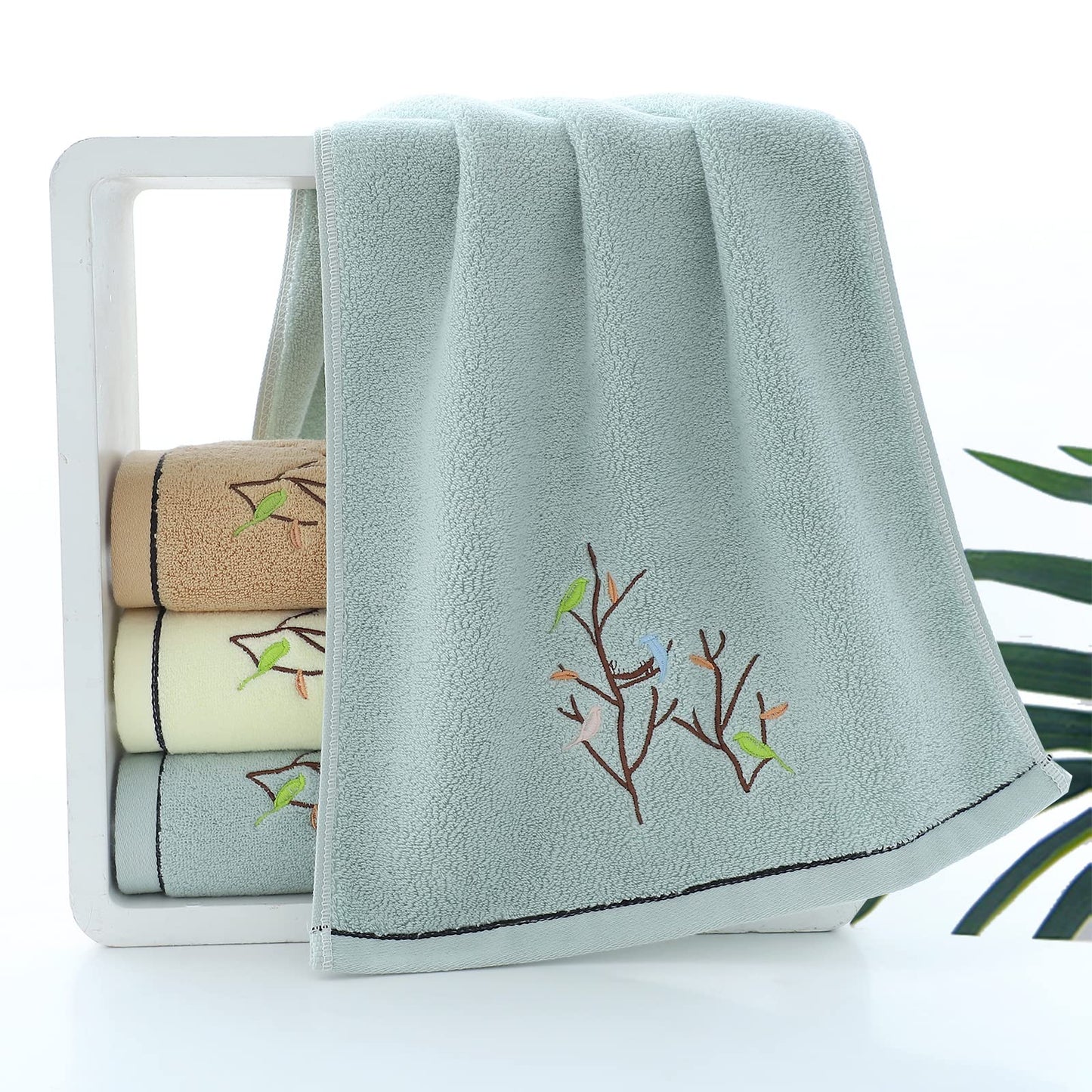 Pidada Hand Towels Set of 4 Embroidered Bird Tree Pattern 100% Cotton Absorbent Soft Decorative Towel for Bathroom 35 x 75 cm (Aqua Green)