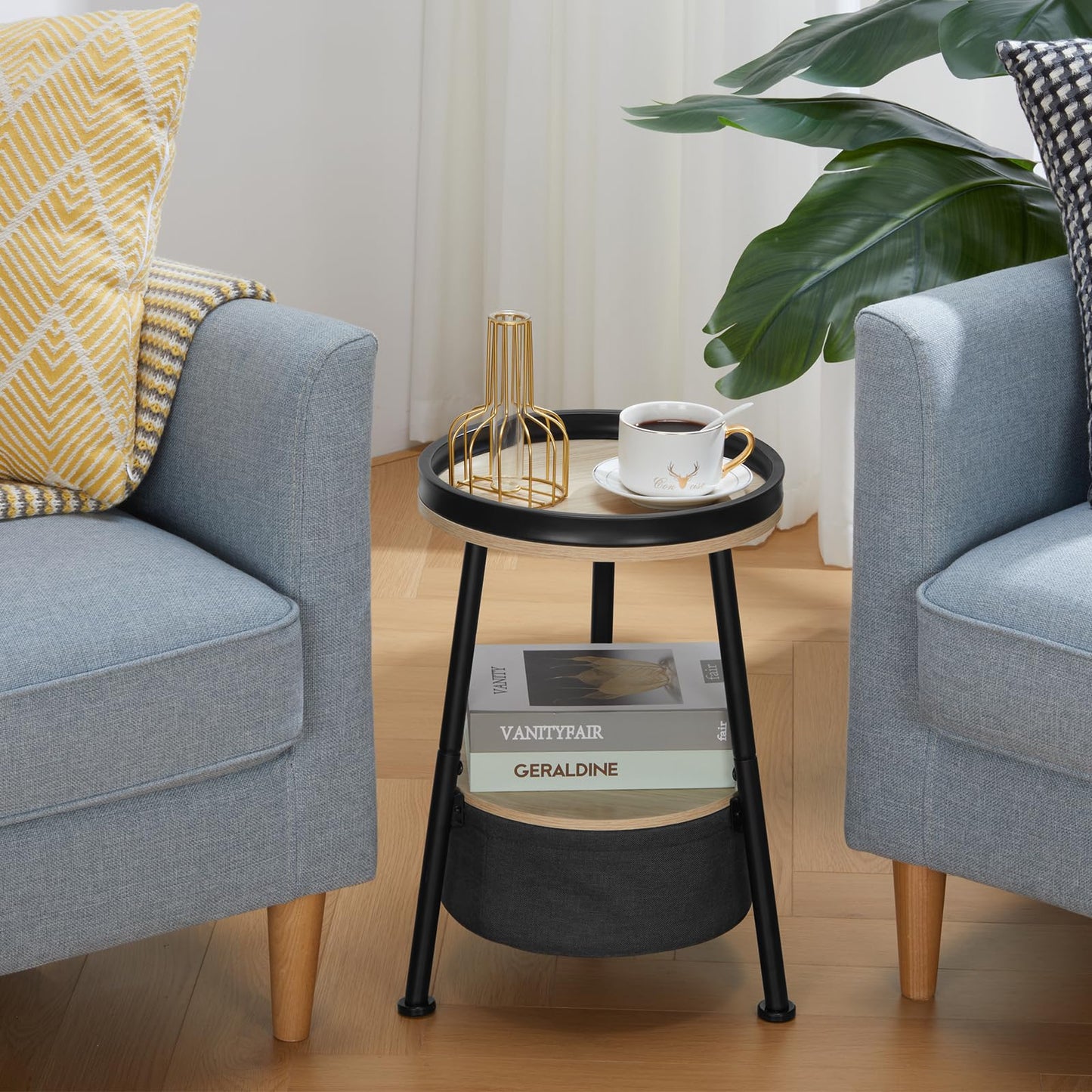 DREAMSOULE Industrial Round Side Table with Storage, Small 2 Tier End Table with Basket and Storage Tray for Indoor Outdoor Patio