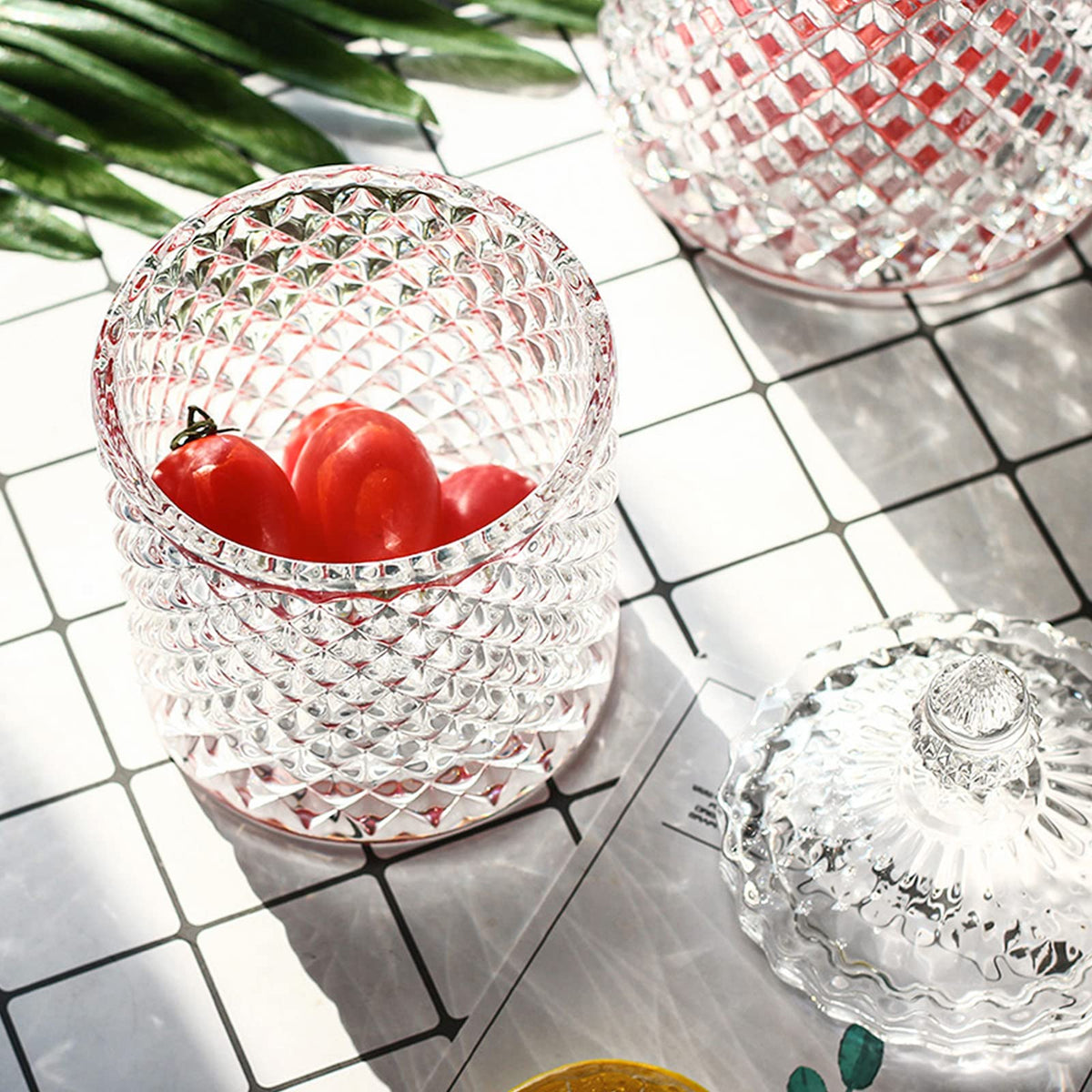 AMJKEJI 2 Pcs Cotton Bud Holder Organizer Home Decor Clear Glass Storage Jars with Lid Sweet Jars Bathroom Accessory Makeup Vanity Cotton Balls Wool