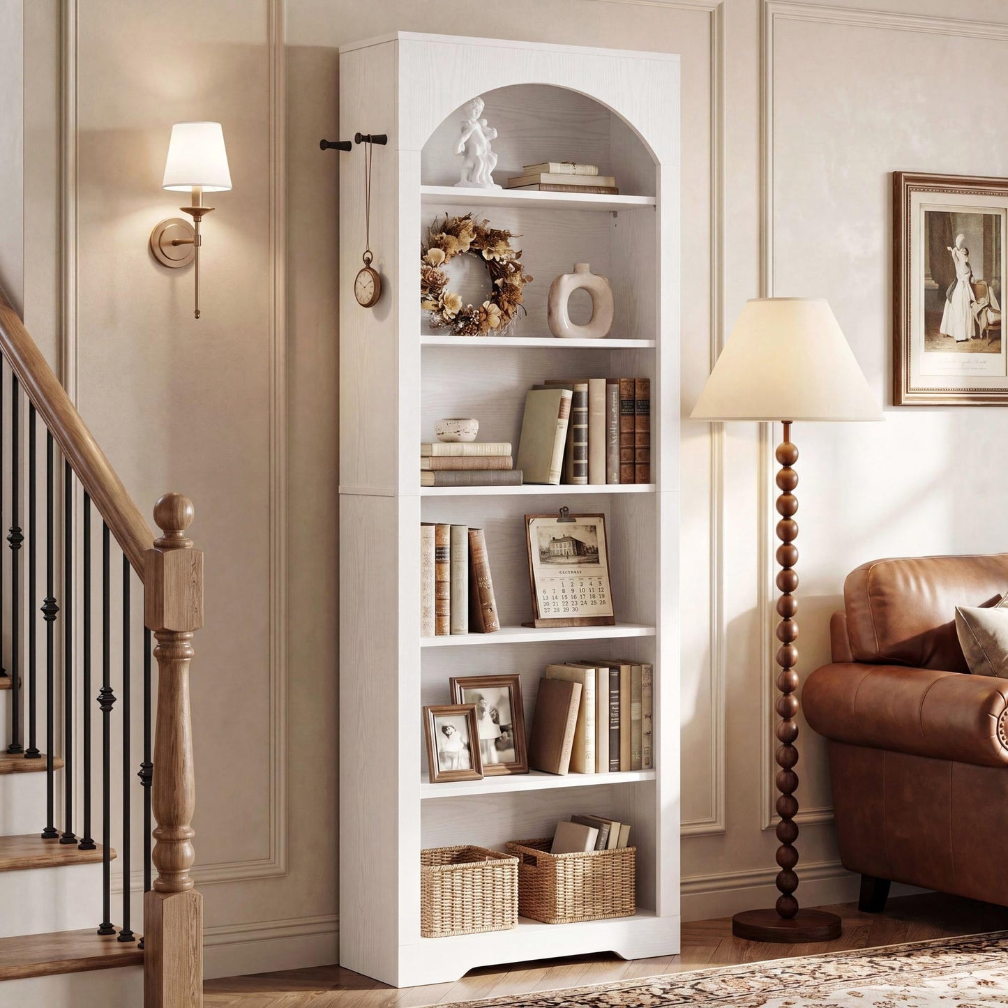 IRONCK 195cm Bookshelf, 6-Tier Arched Bookcase for Living Room