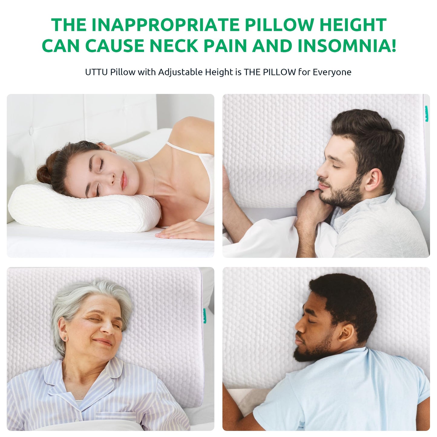 UTTU Cervical Pillow for Neck Strain Relief, Memory Foam Neck Pillow for Sleeping, Adjustable Orthopedic Sandwich Pillow, Contour Cooling for Side