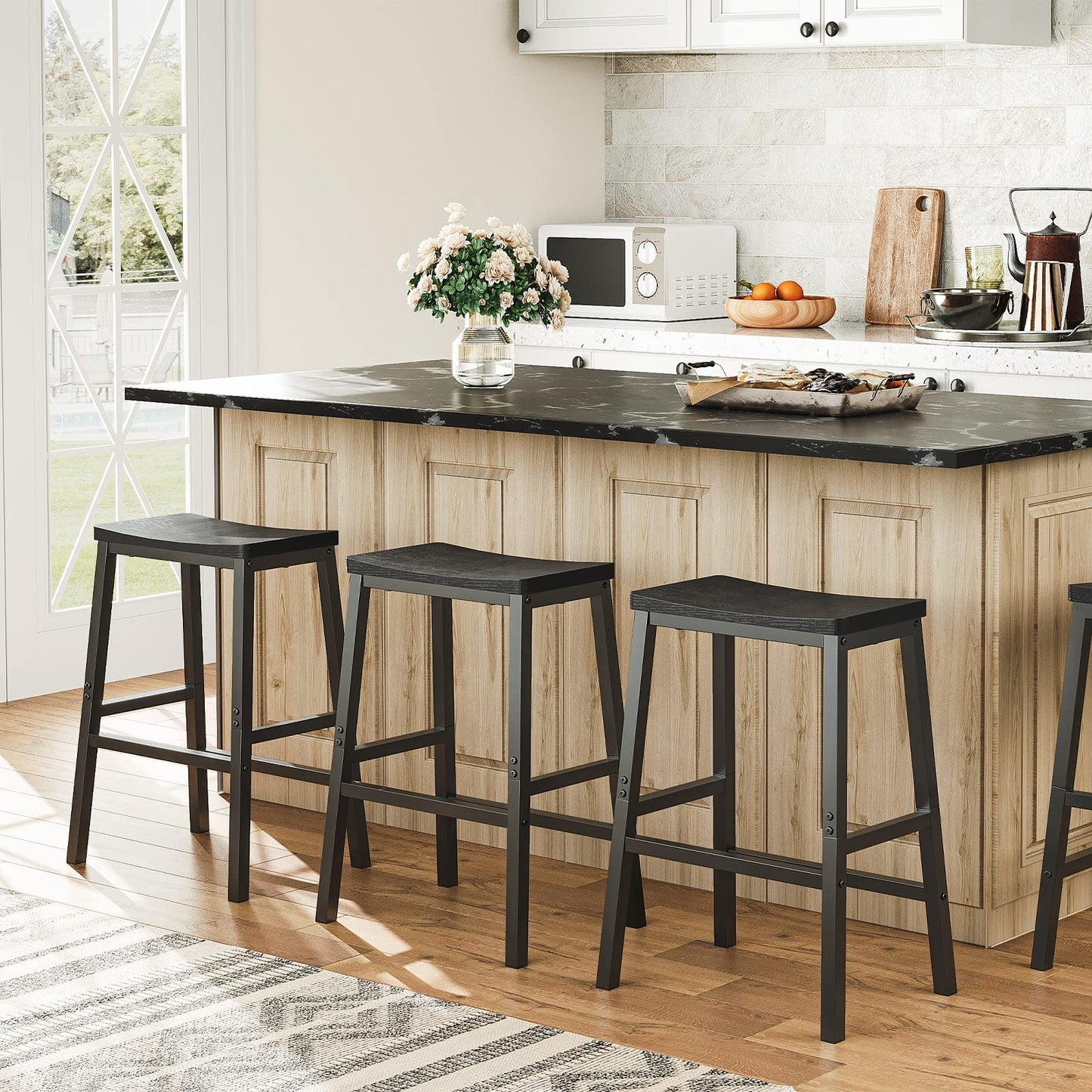 HOOBRO Bar Stools Set of 2, Tall Kitchen Breakfast Stools with Footrests, Bar Chairs with Saddle Seat for Kitchen, Counter, Easy Assembly