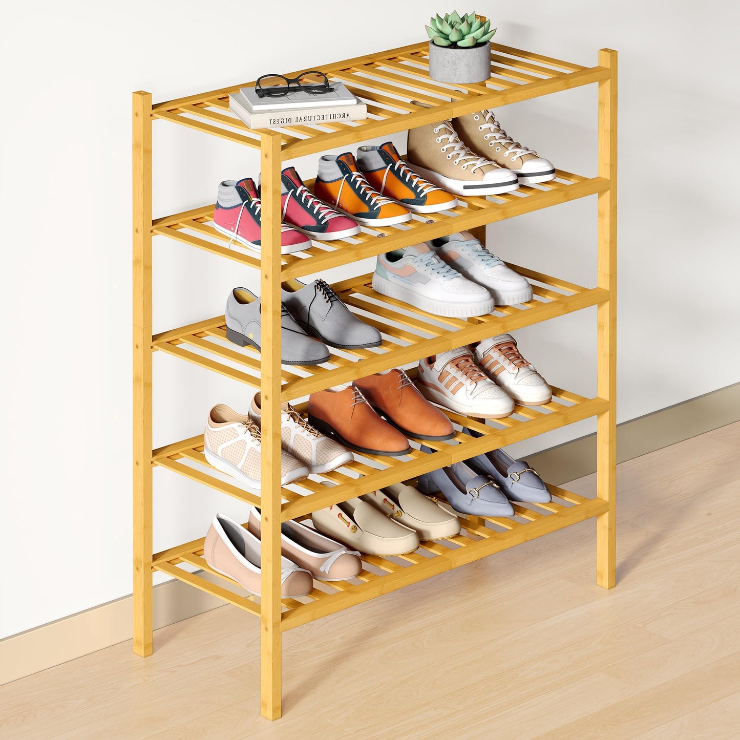 smiry Natural Bamboo Shoe Rack, 5 Tier Wooden Stackable Shoe Storage Organiser, Free Standing Shoes Storage Shelf for Entryway, Hallway, Small Spaces