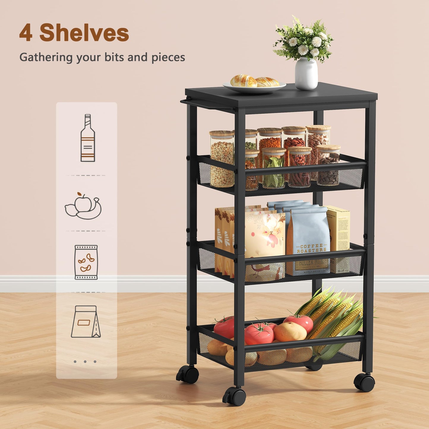 Hoctieon Rolling Storage Cart, 4-Tier Wide Panel Rolling Kitchen Storage Cart, Utility Cart with Handle & Wheels, Mobile Shelving Unit