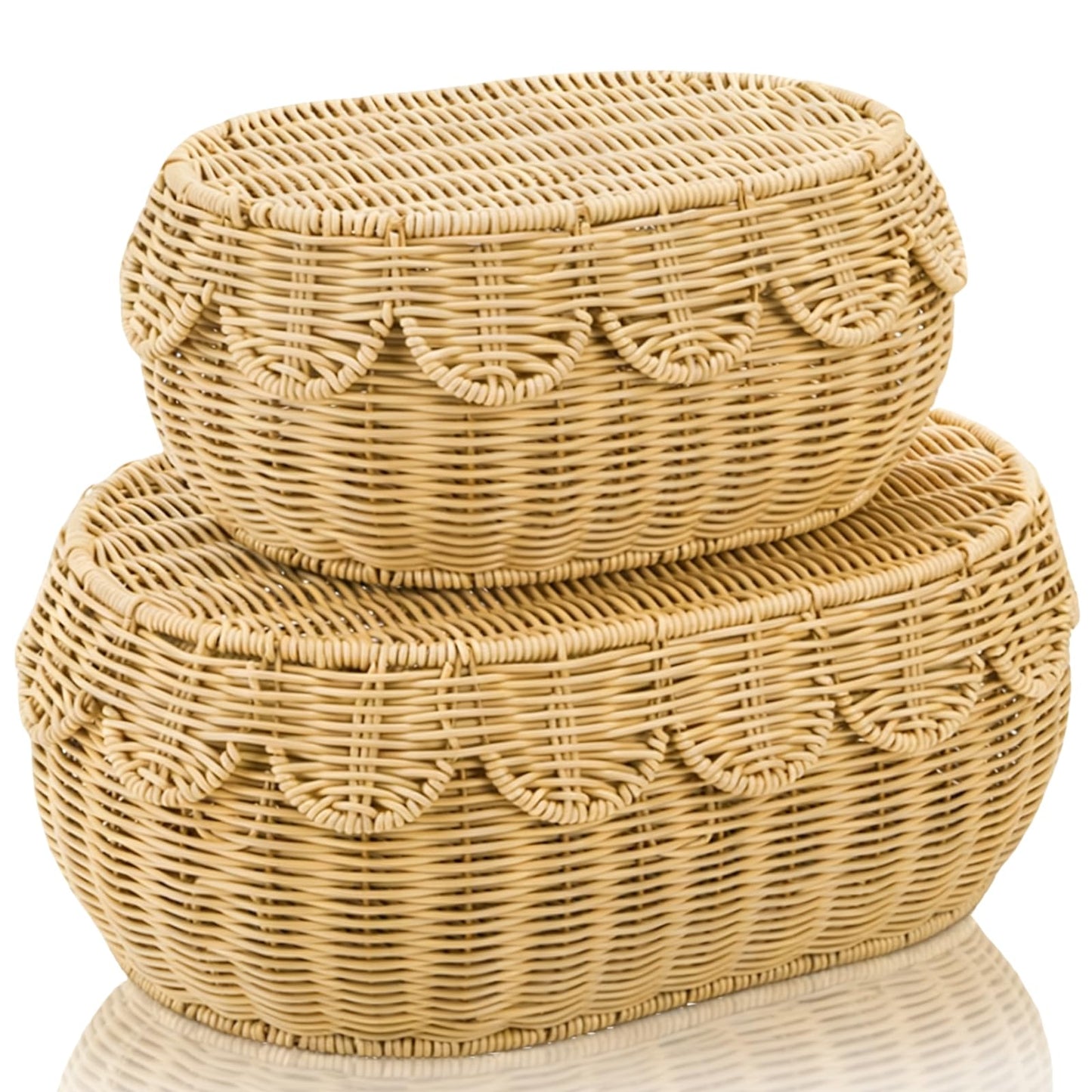 Tebery Set of 2 Wicker Storage Baskets with Lid, Hand Woven Scalloped Basket Boxes for Shelf, Sturdy Rattan Storage Bin Organizer for Home Decoration