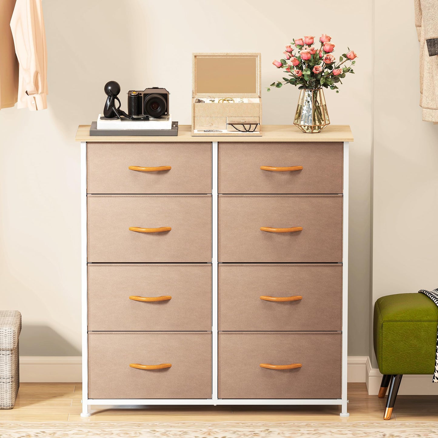 DWVO Chest of Drawers,Fabric Chest of Drawers Bedroom Cabinet with 8 Drawers,Dresser for Bedroom,Living Room With Handles,Wood Top and Sturdy Steel