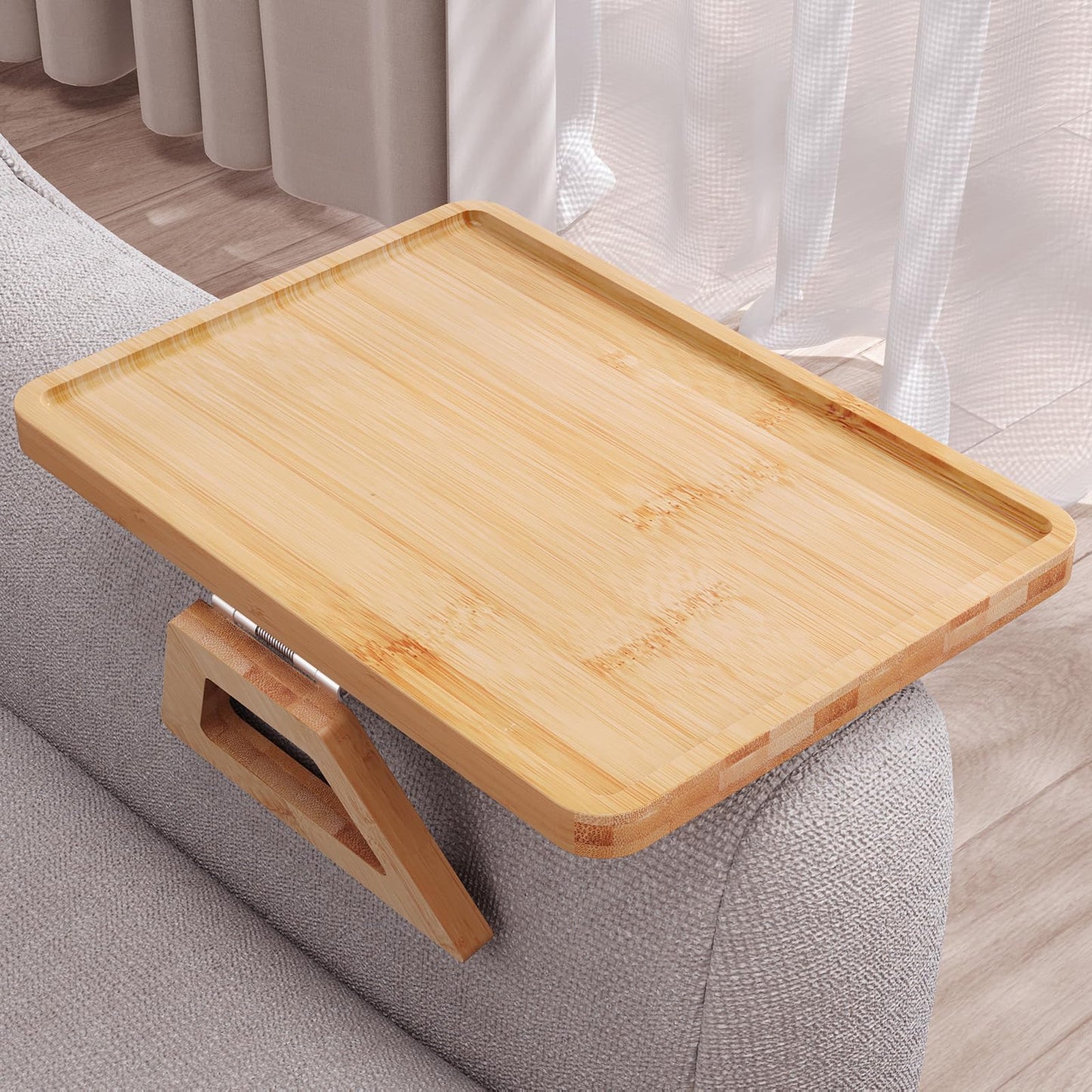 Fibogollo Sofa Tray,Bamboo Folding Couch Arm Tray,Sofa Armrest Trays Clip-On Couch Desk for Drinks,Snacks,Phone,Remote Control(Natural)