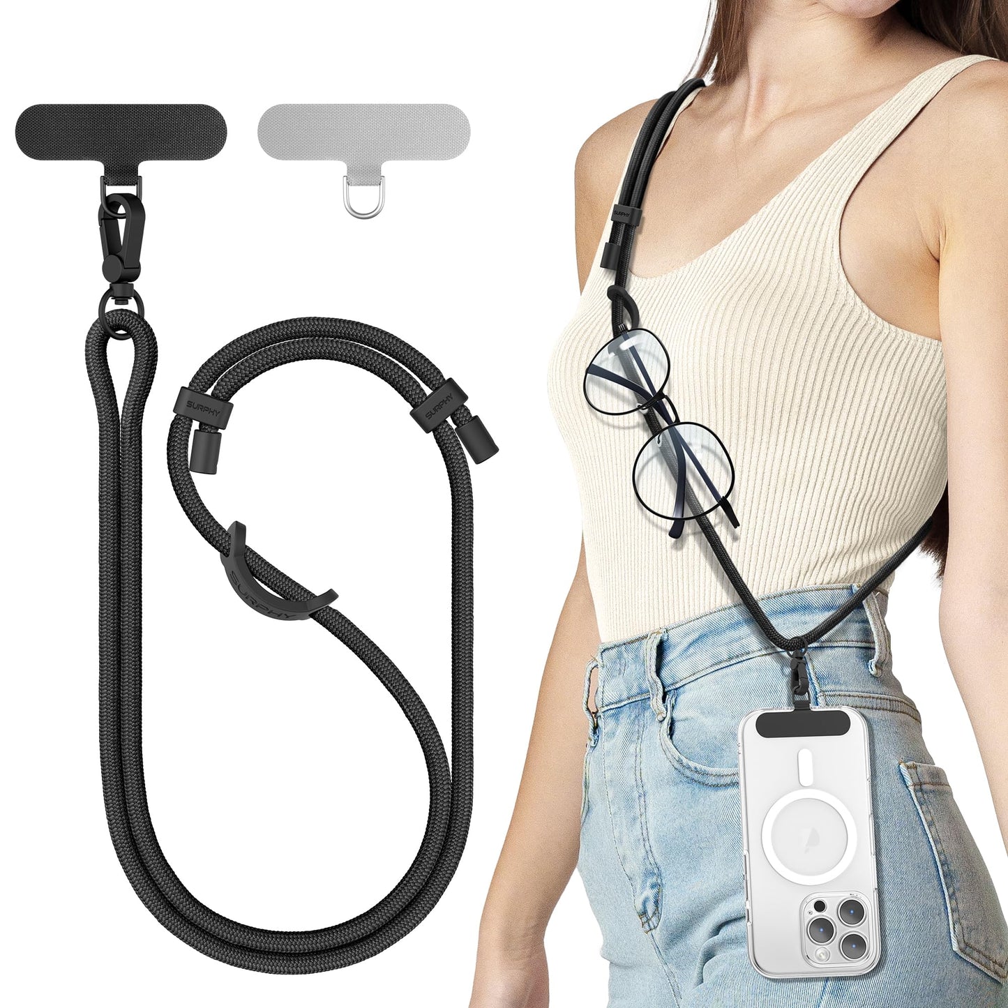 SURPHY Phone Lanyard with Patch, Adjustable Crossbody Phone Strap, Neck Phone Holder Compatible with Most Phones, Key Lanyard and more (Full Black)