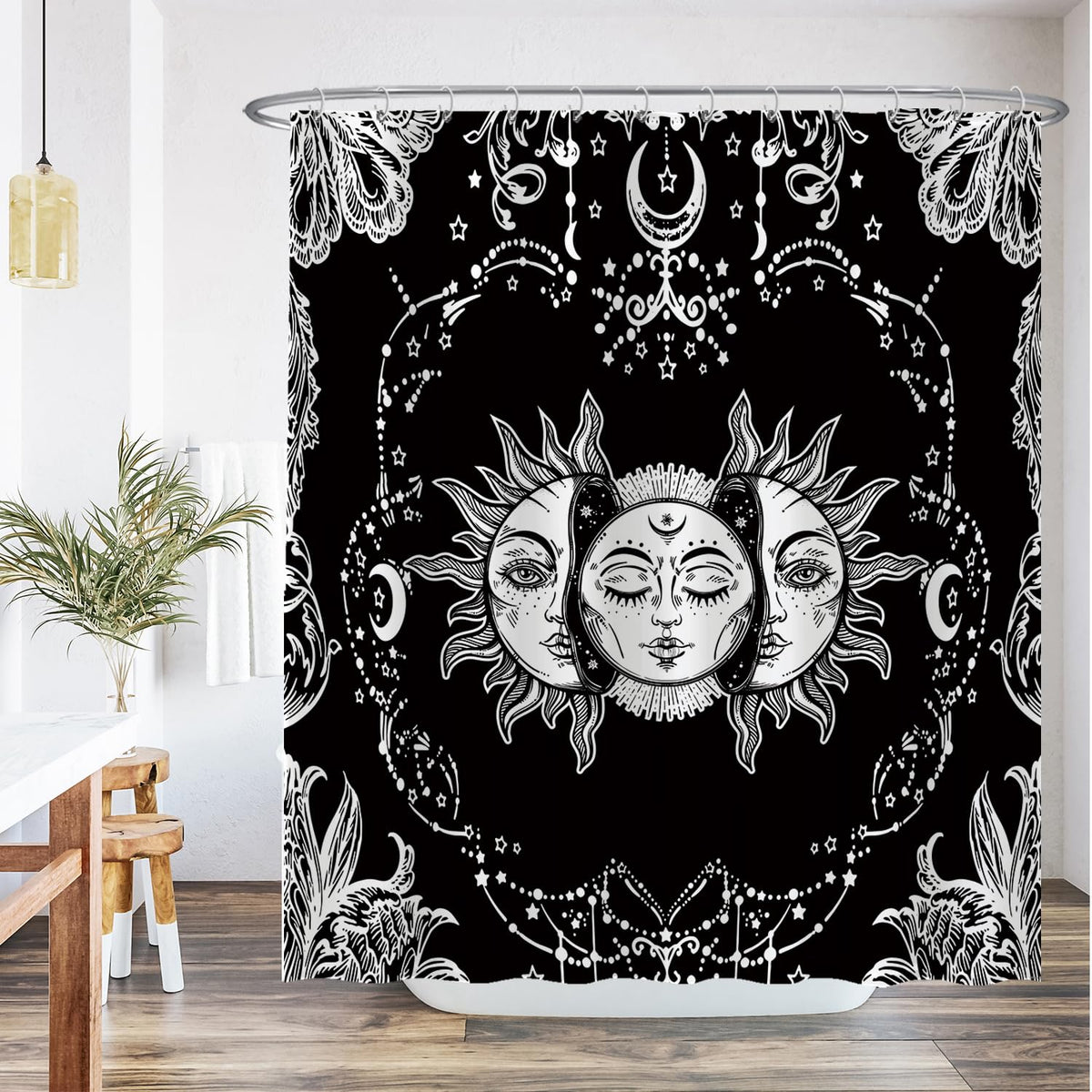 Ulticool Shower Curtain Sun Moon Zodiac Tarot Nature Bohemian Anti-mildew Effect Washable Waterproof with 12 Rings Black-White 180x200cm