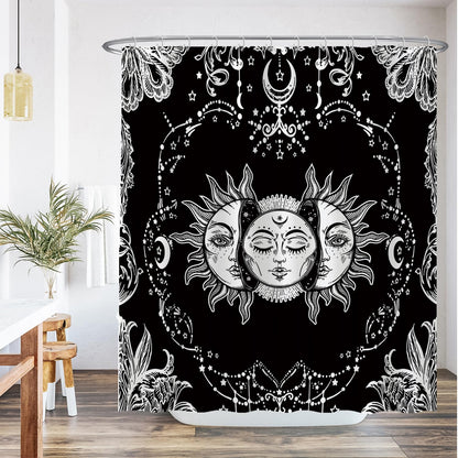 Ulticool Shower Curtain Sun Moon Zodiac Tarot Nature Bohemian Anti-mildew Effect Washable Waterproof with 12 Rings Black-White 180x200cm