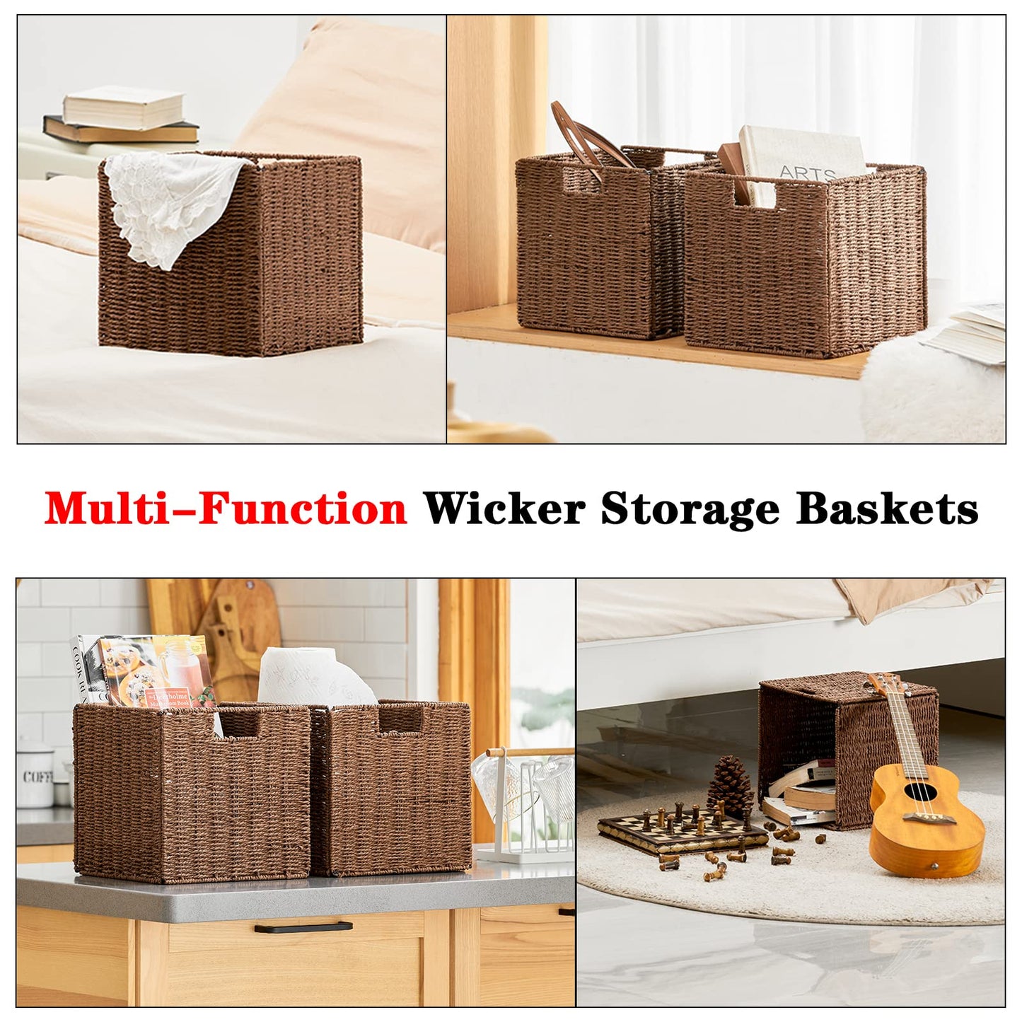 Vagusicc Wicker Baskets, Set of 2 Hand-Woven Paper Rope Foldable Cubby Storage Bins