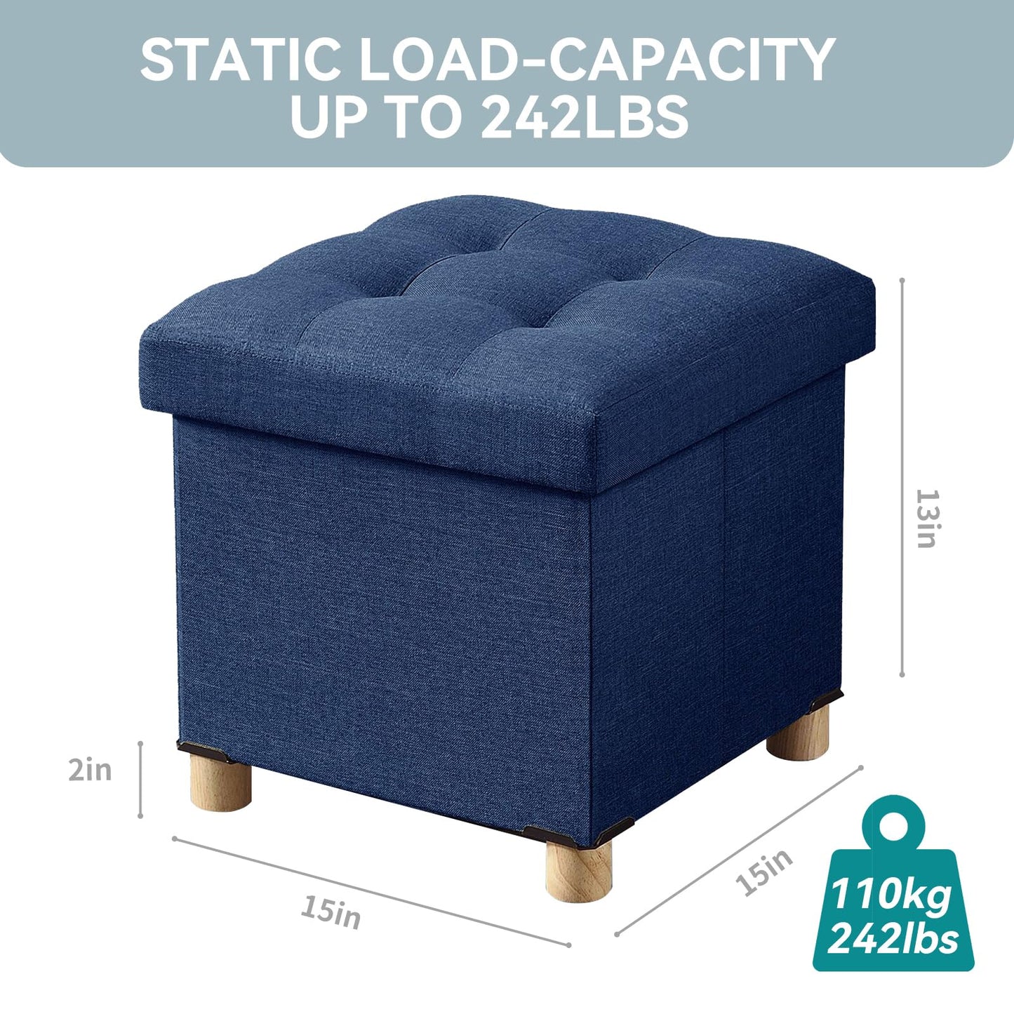 BRIAN & DANY Folding Storage Ottoman with Wood Legs, Linen Foot Stool, Storage Chest with Highly Elastic Sponge Filling, Navy Blue, 38 x 38 x 38 cm