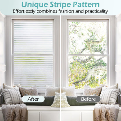 DOWELL Window Film Privacy Film for Glass Windows 60x400cm, Frosted Stripe Pattern Sticker Static Cling, Opaque Self Adhesive Glass Vinyl Decorative